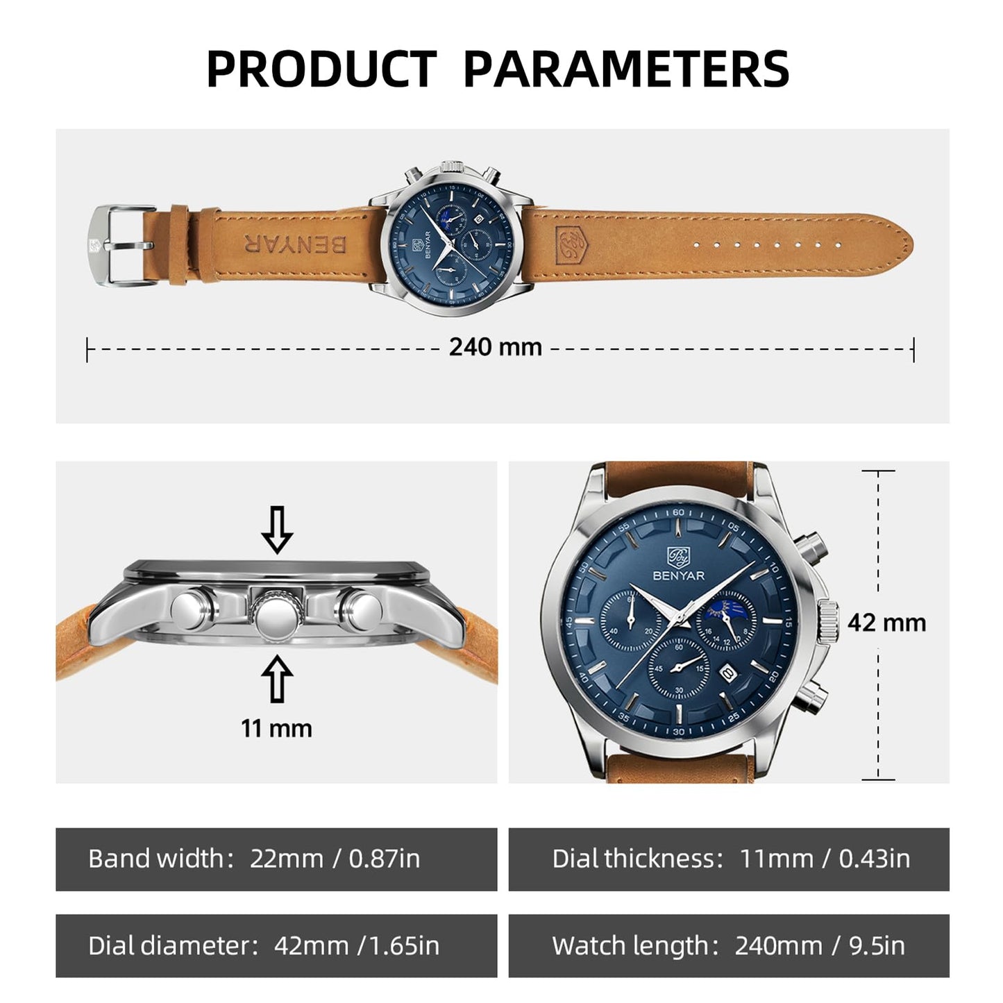 BY BENYAR Uhren Herren Chronograph Analog Quarz Wasserdicht Armbanduhr Herren Mode Lässig Business Herrenuhr mit Kalender Lederarmband/Edelstahlarmband Uhr Geschenk für Männer