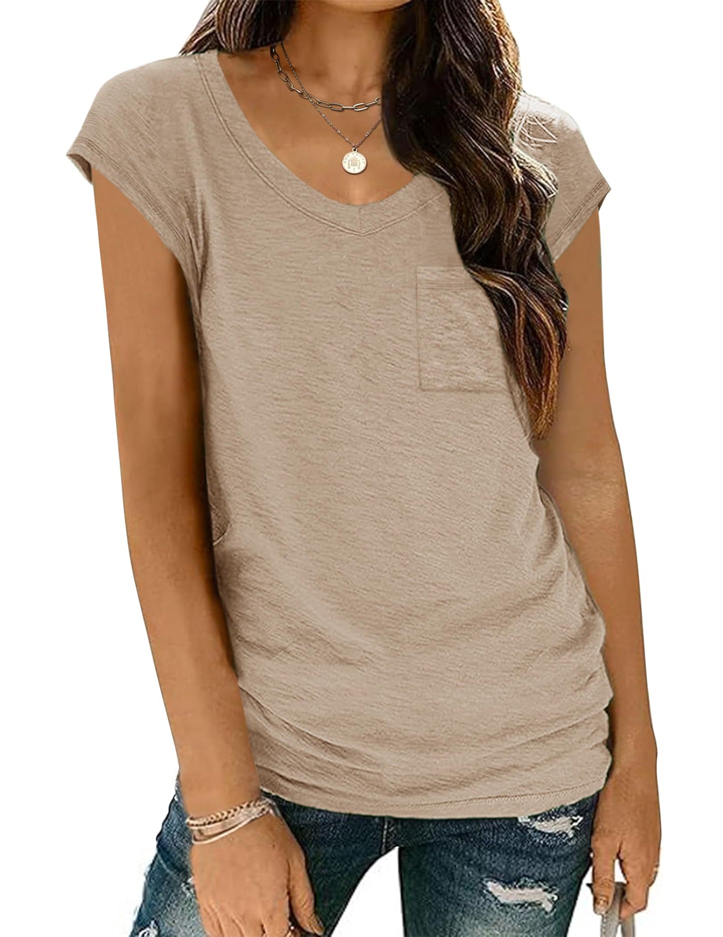 Zeagoo Women's Basic V-Neck T-Shirt with Wing Sleeves