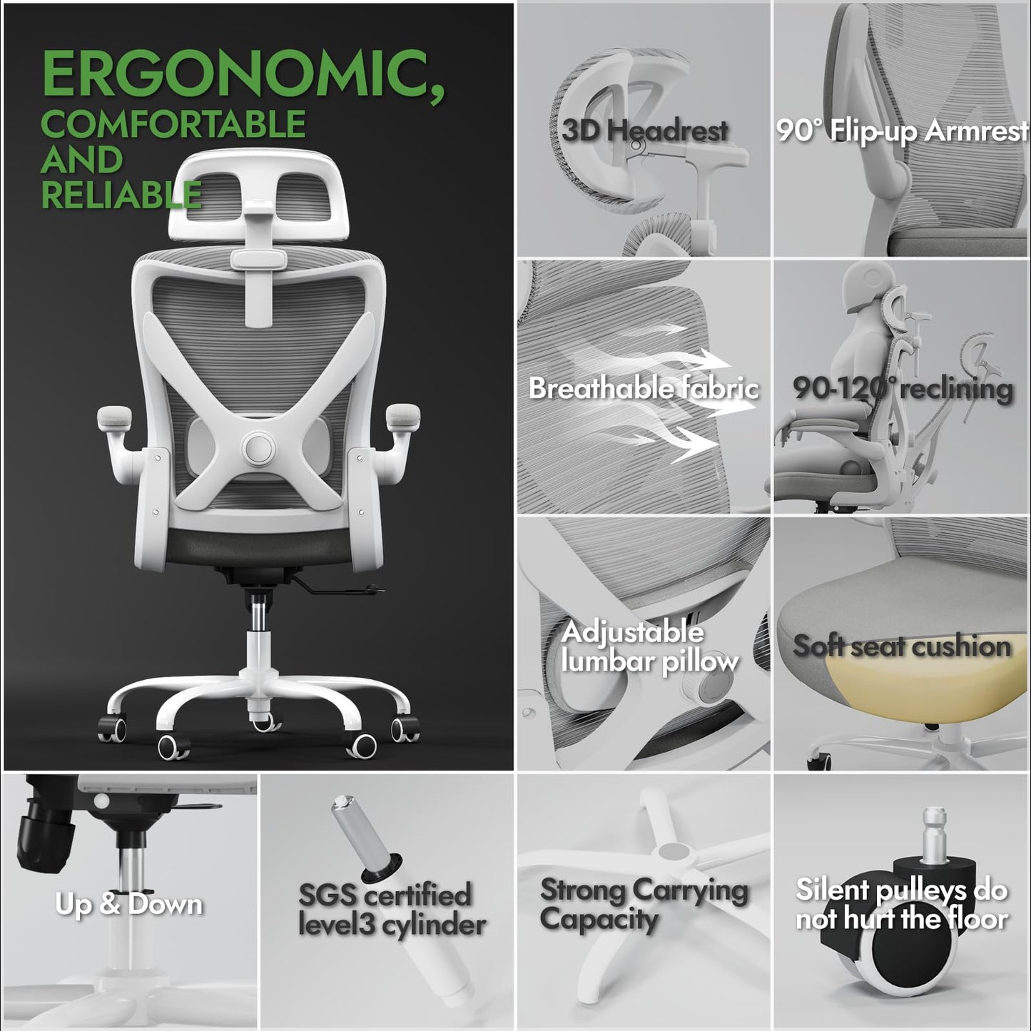TRALT Ergonomischer Bürostuhl - X-förmiger bequemer Computer-Bürostuhl, Gaming-Stuhl, Bürostuhl mit Lendenwirbelstütze, Netz-Bürostuhl mit Kopfstütze (Grau-Silber)