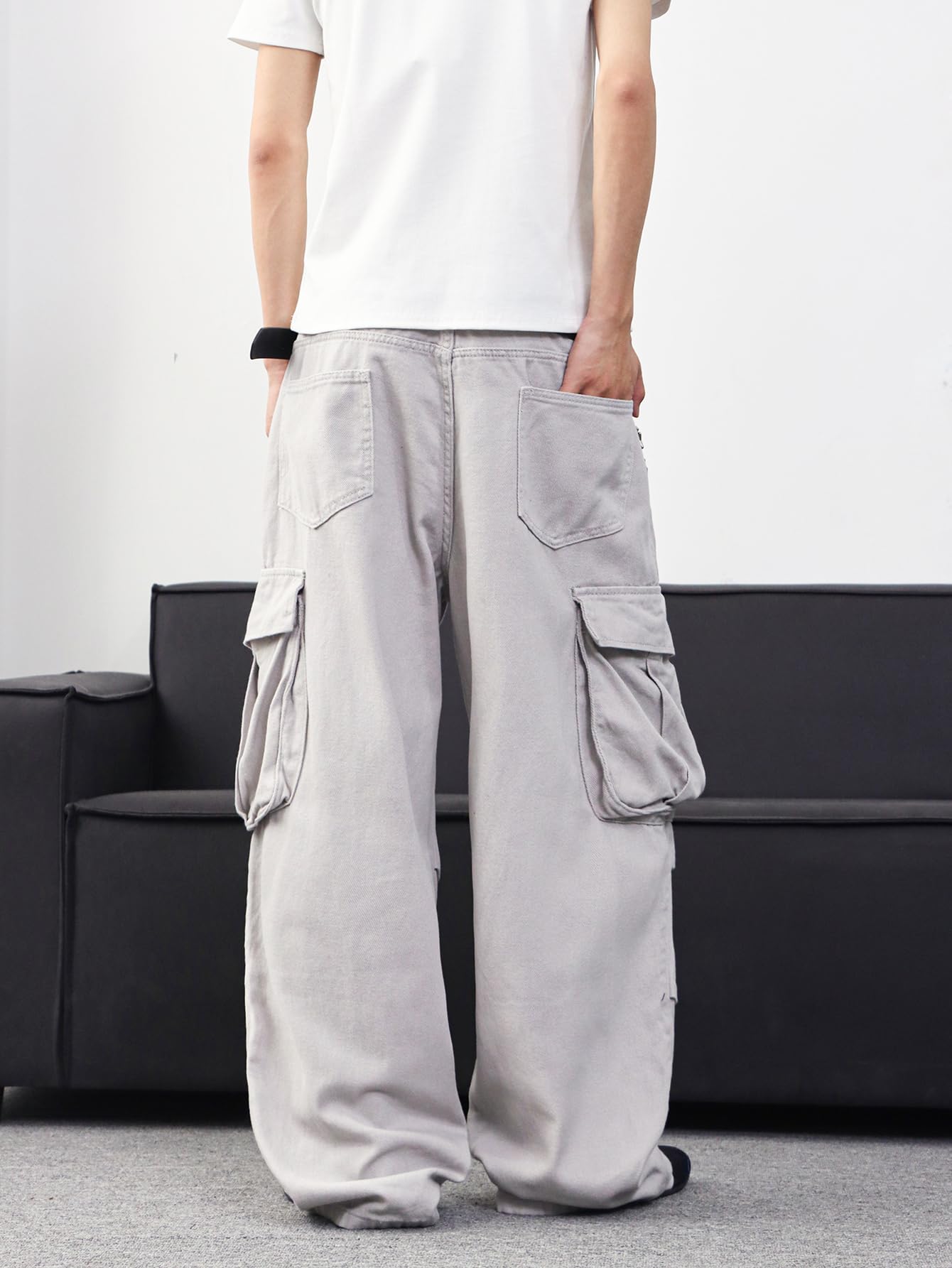 Zewool Men’s Casual Wide-Leg Denim Cargo Pants – Medium Weight Baggy Jeans