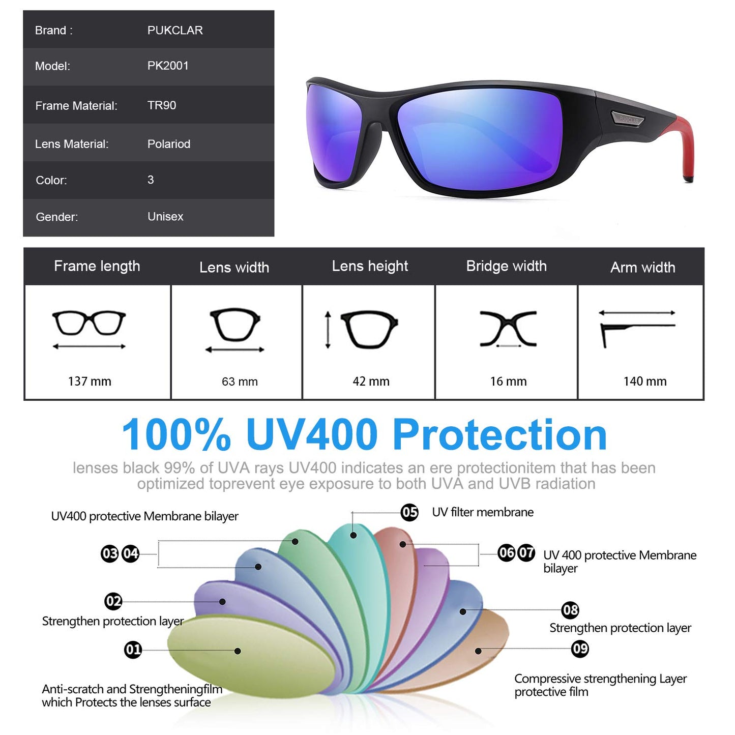 PUKCLAR Sonnenbrille Herren Polarisierte Sportbrille Radsportbrillen Fahrerbrille UV400 Schutz Cat 3 TR90