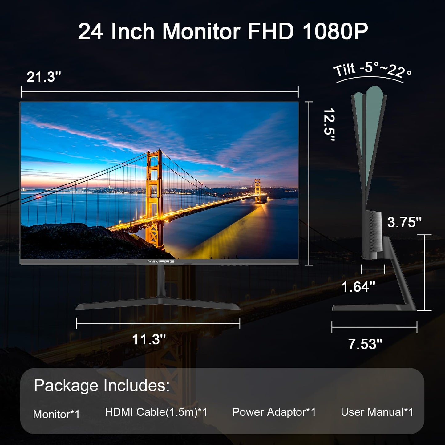 Minifire 24 Inch Monitor, 100 Hz, IPS, Full HD (1920 x 1080), AMD FreeSync, sRGB110%, Frameless Screen, Eye Care, HDMI Type-C, Adjustable Tilt, VESA (MF24X3A Type-C Cable Included)