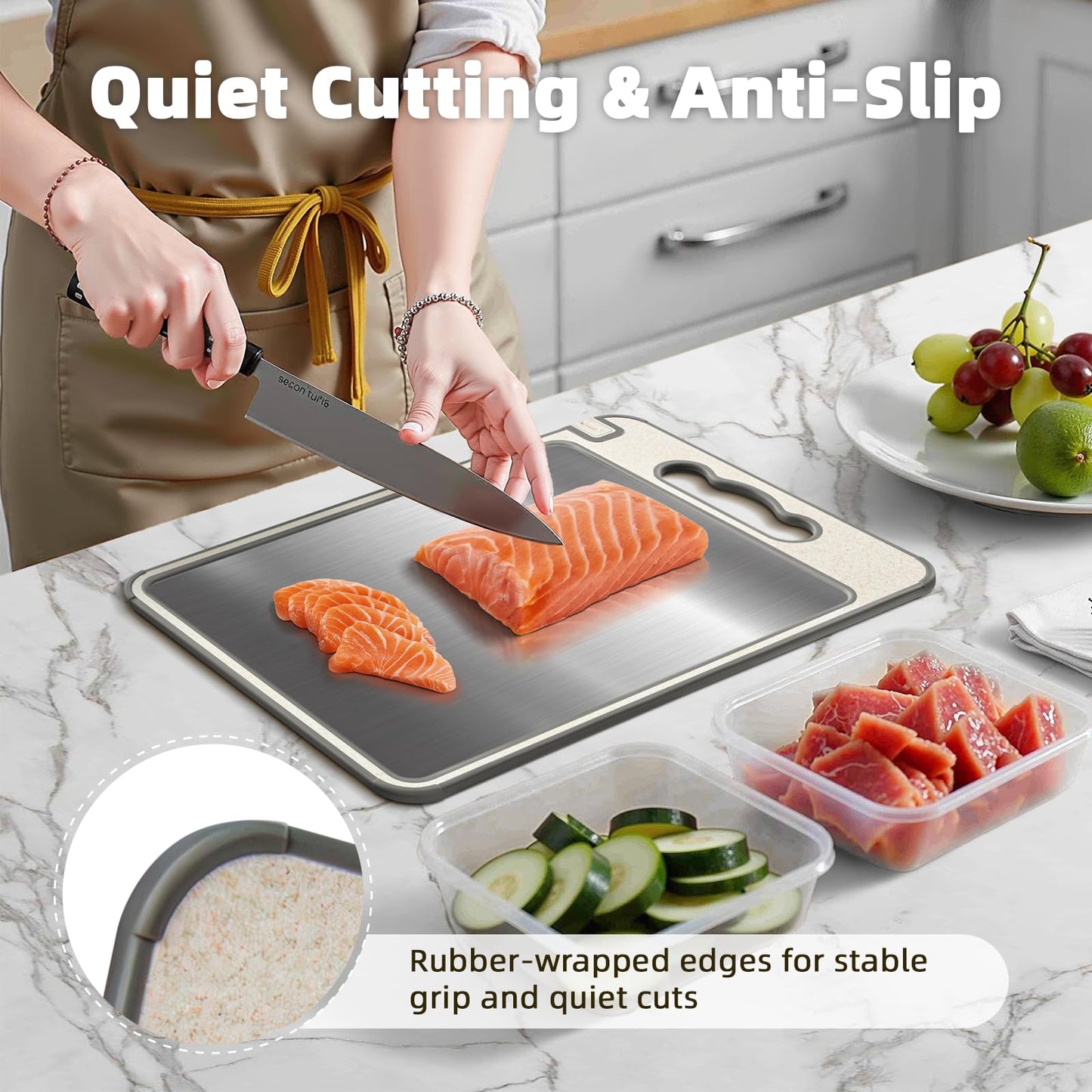 Luvan Doppelseitiges Schneidebrett, 304 Edelstahl & lebensmittelechtes PP, Küchenschneidebrett mit Griff und Saftrille, Ideal für Fleisch & Gemüse (36,5 × 25 cm)