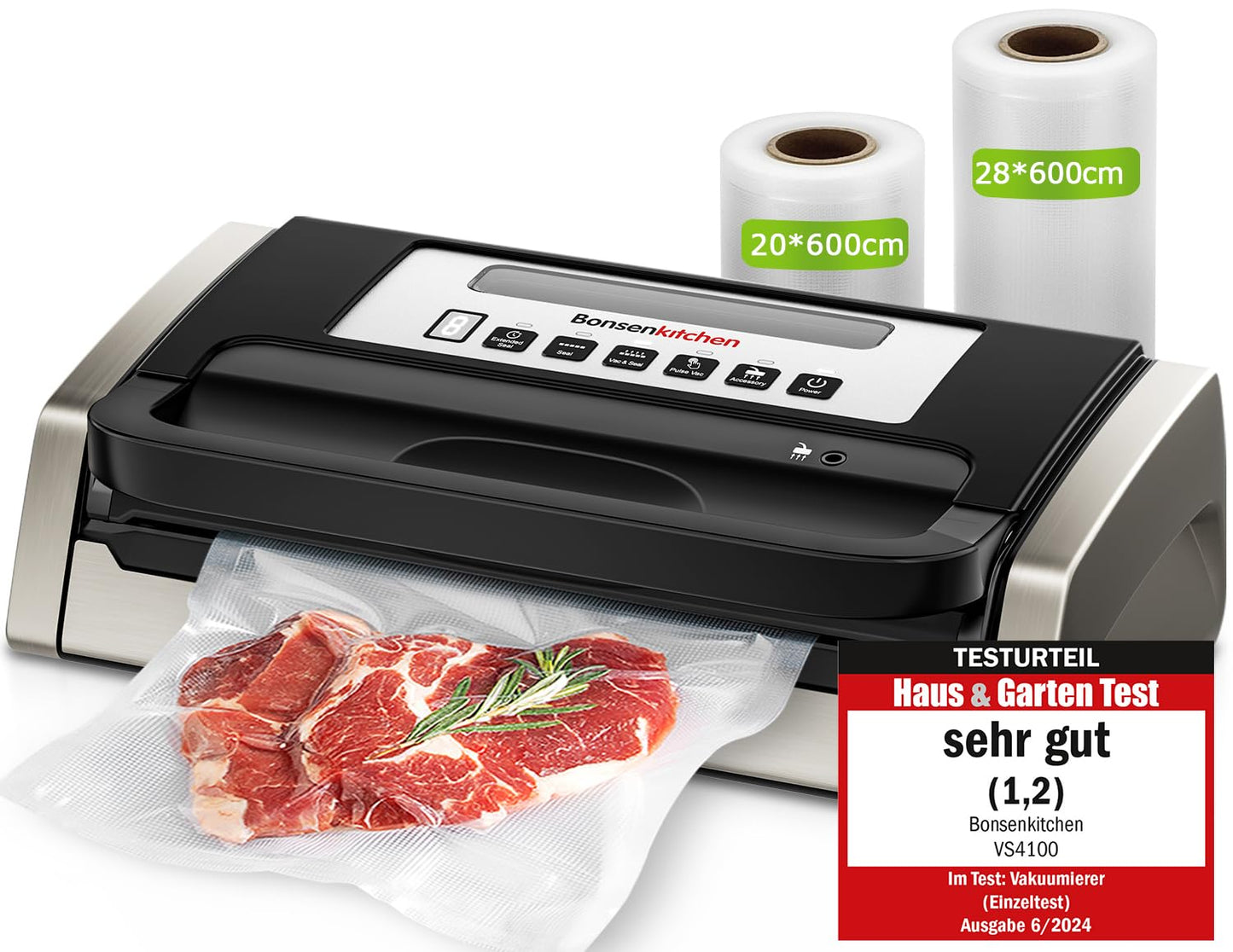 Bonsenkitchen Vakuumiergerät, Vakuumierer, Einschließlich 2 Rollen Vakuumrollen, Design mit Griffverriegelung, leistungsstarker geräuscharmer mit Globefish-Technologie, integrierter Schneider