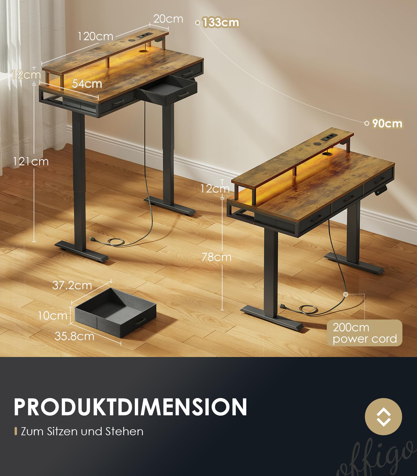 OffiGo Elektrischer Schreibtisch mit Schubladen, 120cm Höhenverstellbarer Schreibtisch mit Monitorständer, Gaming Tisch mit Steckdosen und Lichtleiste, Tisch Höhenverstellbar Bürotisch, Weiß