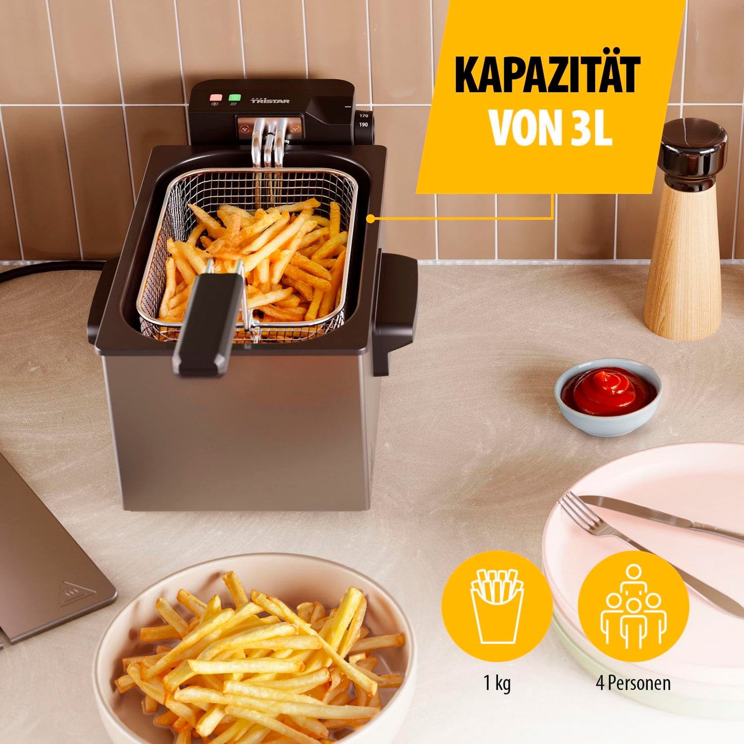 Tristar Fritteuse, 3L Kapazität, 2000 W, Cool Zone Technologie, Edelstahl, Einstellbares Thermostat, Leicht zu Reinigen, Abnehmbare Teile, FR-9325, Silver, NEU