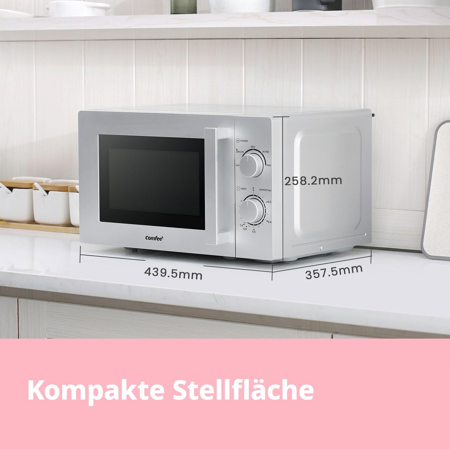 Comfee CMSN 20 wh Mikrowelle / Solo-Mikrowelle mit 5 Leistungsstufen/ Innenbeleuchtung/ easy Defrost/360°Drehteller / Zwei Drehregler/20L/700W/ Weiß, Mechanisch