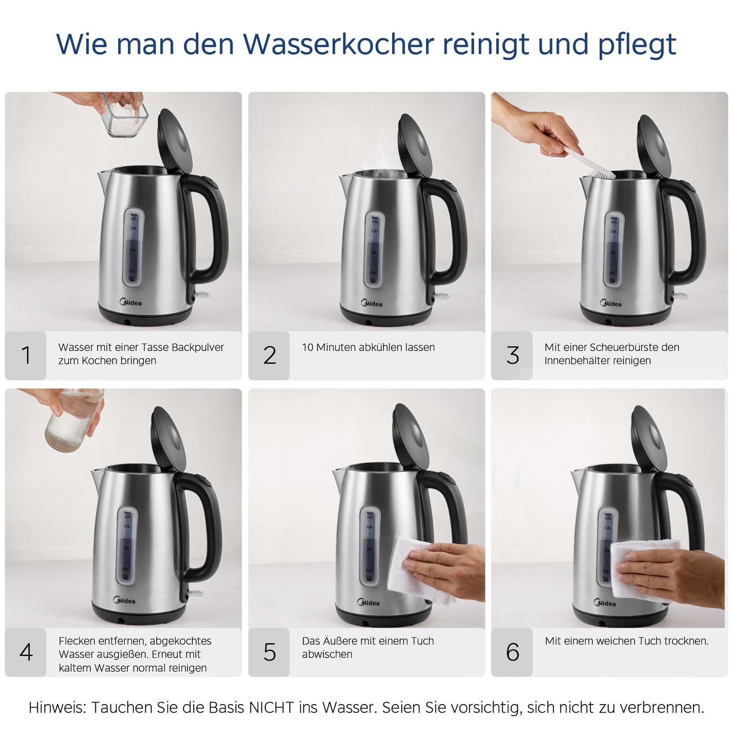Midea Wasserkocher mit Temperatureinstellung (40, 60, 70, 80, 90, 100 Degree C),Edelstahl 1,7 Liter,Kettle 2200W mit Sichtfenster, Warmhaltefunktion für 60 Min