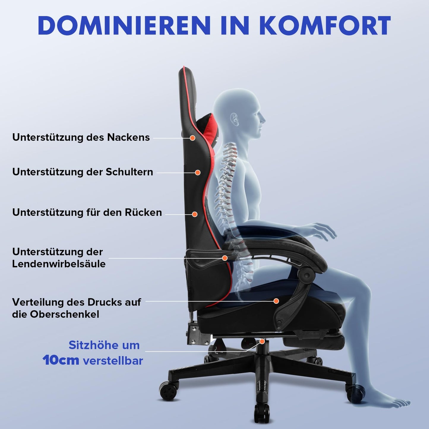 LUCKRACER Gaming Stuhl mit fußstütze Bürostuhl Ergonomisch mit verstellbare Lendenkissen, Kopfkissen Gaming Chair,Höhenverstellbarer Gamer Stuhl, 150 kg Belastbarkeit Grau