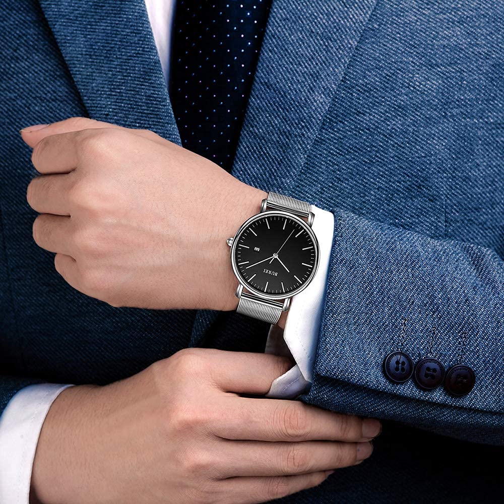 BUREI Ultra Dünne Uhren Herren Schwarze Analoges Datum Armbanduhr Herren mit Japanisches Quarzwerk, Geschenke für Männer
