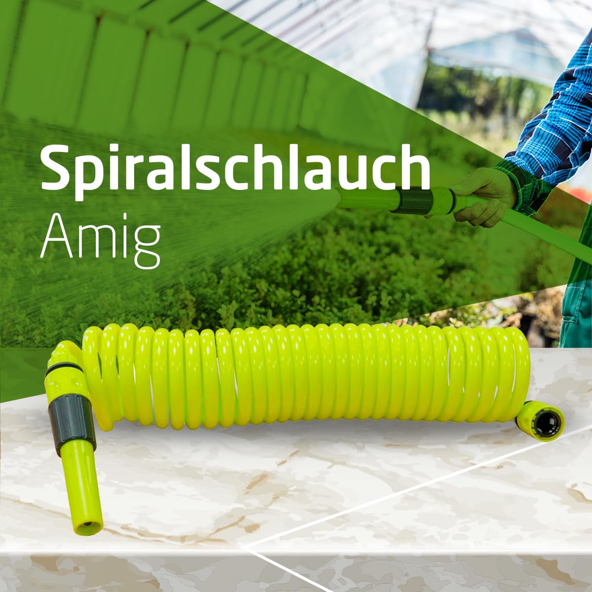Amig - Spiralschlauch | aus Polypropylen | Ausziehbare Messung bis zu 7,5 m | Inklusive Bewässerungslanze, Adapter und 2 Spleißen | Pistaziengrün