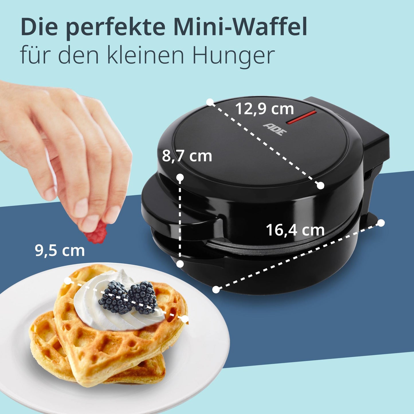 ADE Mini Waffeleisen Herzform | belgische Waffel | perfekt für eine Person, Party, Kindergeburtstag | hochwertige Antihaftbeschichtung | 550 W | schwarz