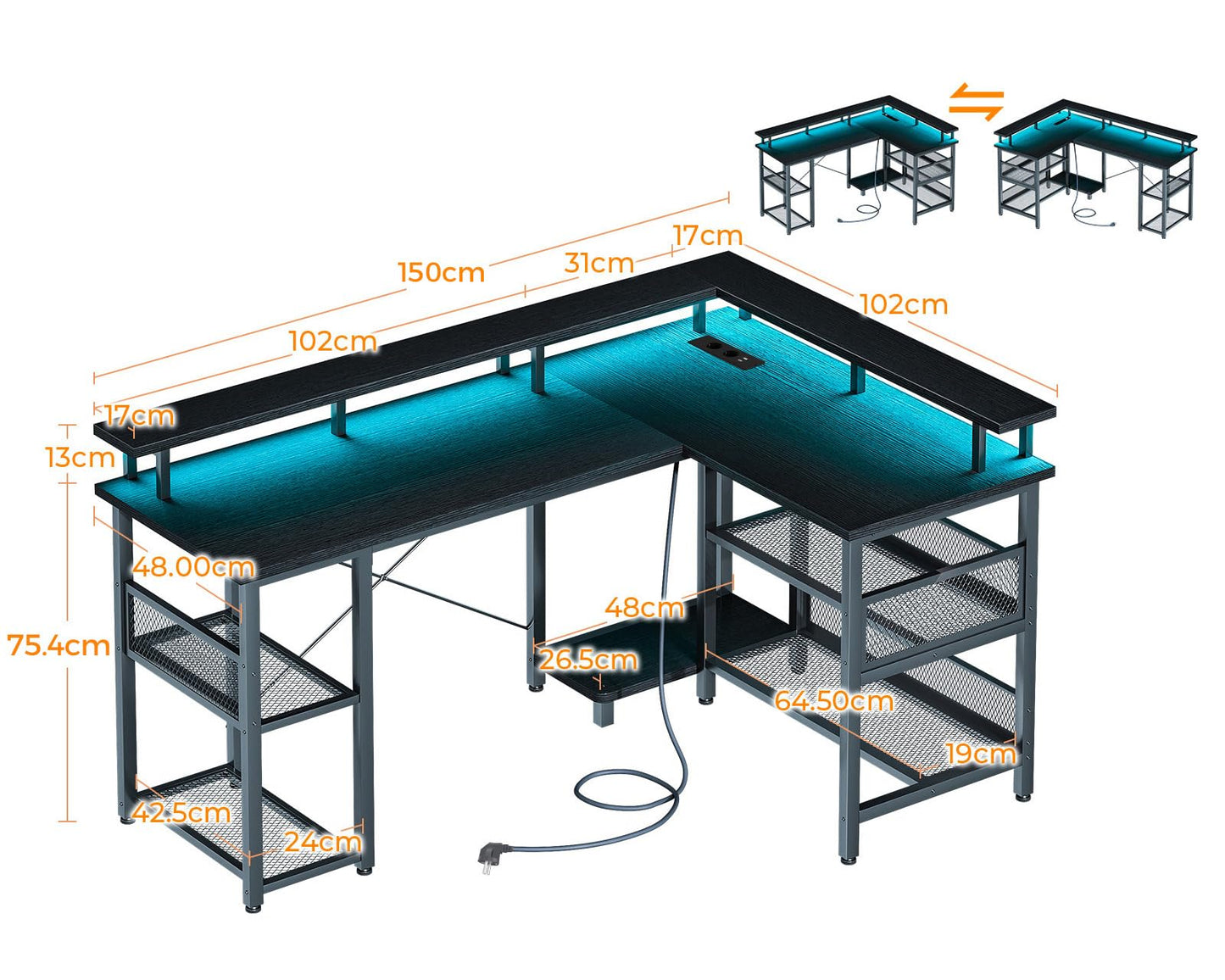 ODK Gaming Tisch mit LED, Reversibel Gaming Schreibtisch mit 2 Steckdosen & 2 USB-Ladeanschlüssen, Eckschreibtisch Groß mit Netzablage, Schwarz 150×102cm