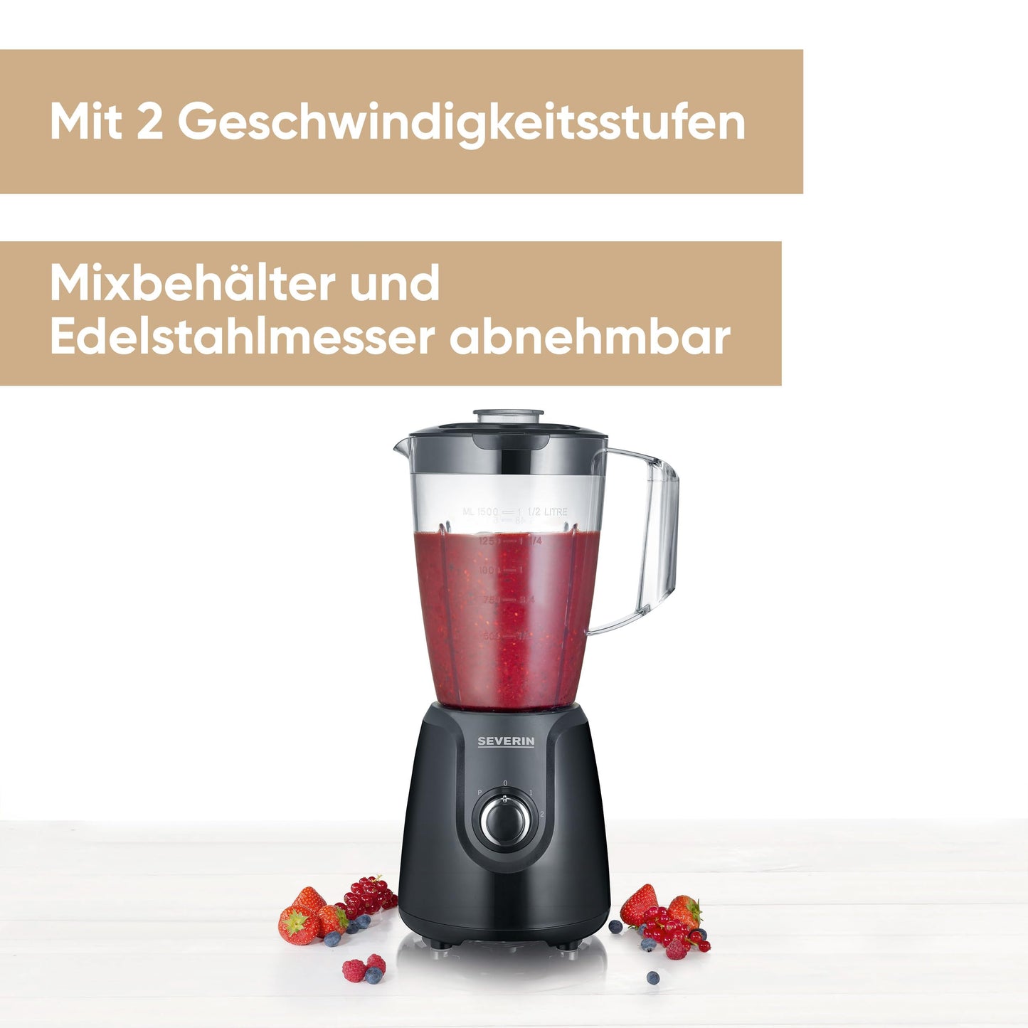 SEVERIN Standmixer mit 1,5 L Mixbehälter aus Tritan, Mixer mit 2 Stufen und Pulse-Funktion, leistungsstarker Küchenmixer mit Edelstahlmesser, 600 W, Schwarz