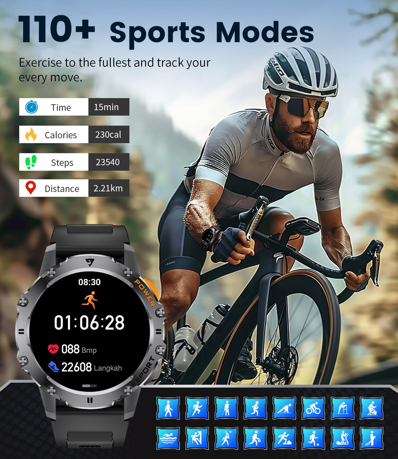 LIGE Smartwatch Herren Militär,Taschenlampe/1.43" AMOLED Sportuhr mit 500 mAh Akku/Telefonfunktion, 110+Sportmodi, IP68 Wasserdicht Smartwatch mit Herzfrequenz/Schlafmonitor für Android iOS,Schwarz