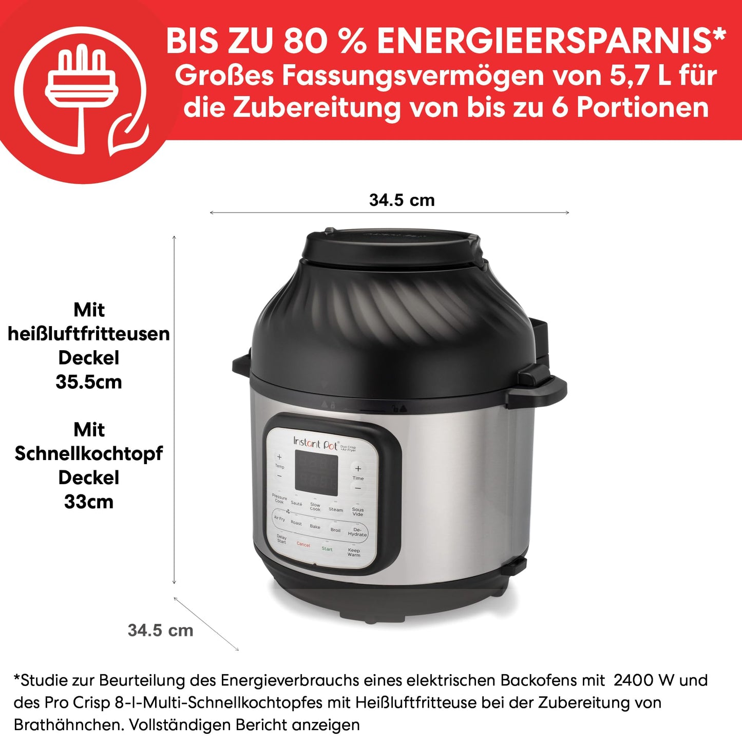 Instant Pot Duo Crisp + Heißluftfritteuse 11-in-1 Elektro-Multikocher - Schnellkochtopf, Luftfritteuse, Schongarer, Dampfgarer, Dehydrator mit Grill, Warmhalte- und Backfunktion, Edelstahl