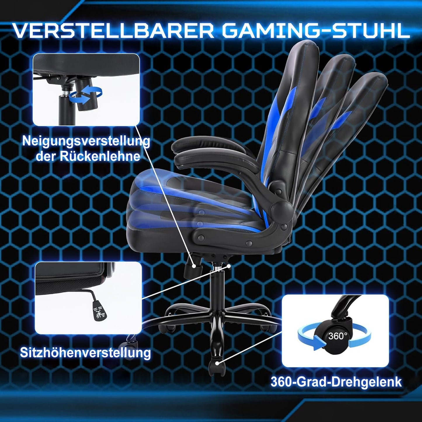 DUMOS Gaming Chair - Ergonomic Gaming Chair, Adjustable Swivel Gaming Chair Made of PU Leather with Folding Armrests, Suitable for Home, Offices etc. (Black-Gray)