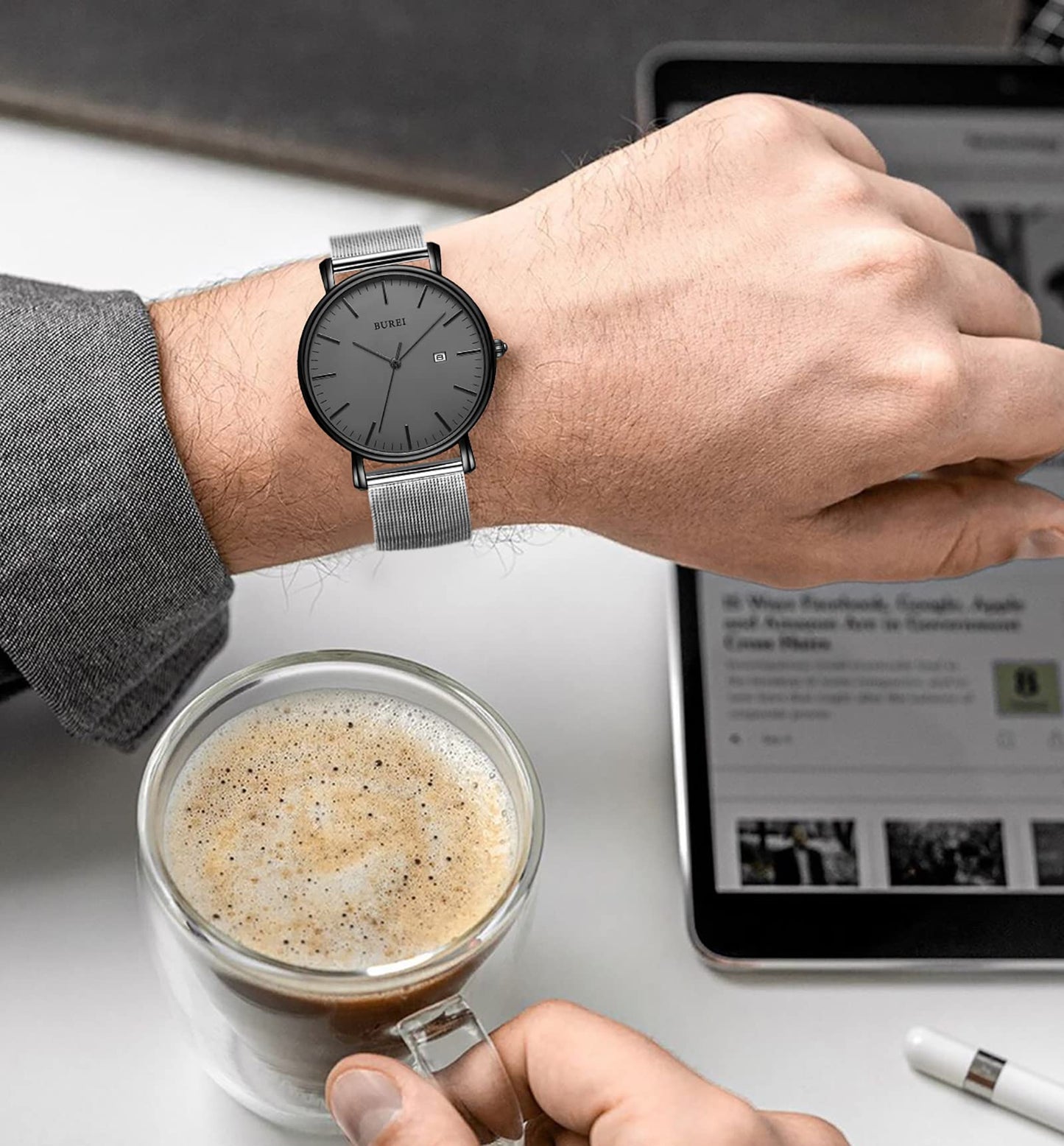 BUREI Ultra Dünne Uhren Herren Schwarze Analoges Datum Armbanduhr Herren mit Japanisches Quarzwerk, Geschenke für Männer