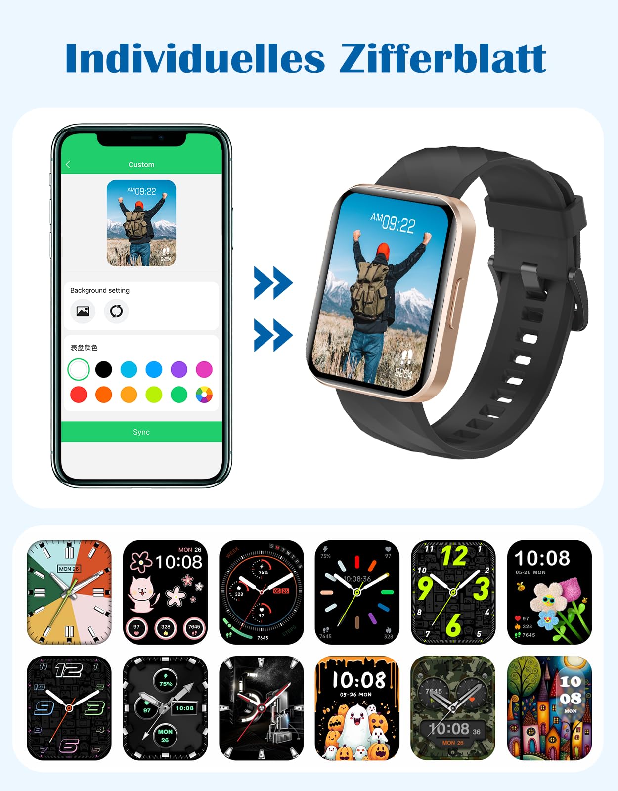 RUIMEN Smartwatch Damen Herren mit Telefonfunktion Fitnessuhr Schrittzähler Uhr mit Pulsmesser SpO2 Messung Schlafüberwachung Nachrichten Multi Trainingsmodi Smart Watch Wasserdicht Für Android iOS