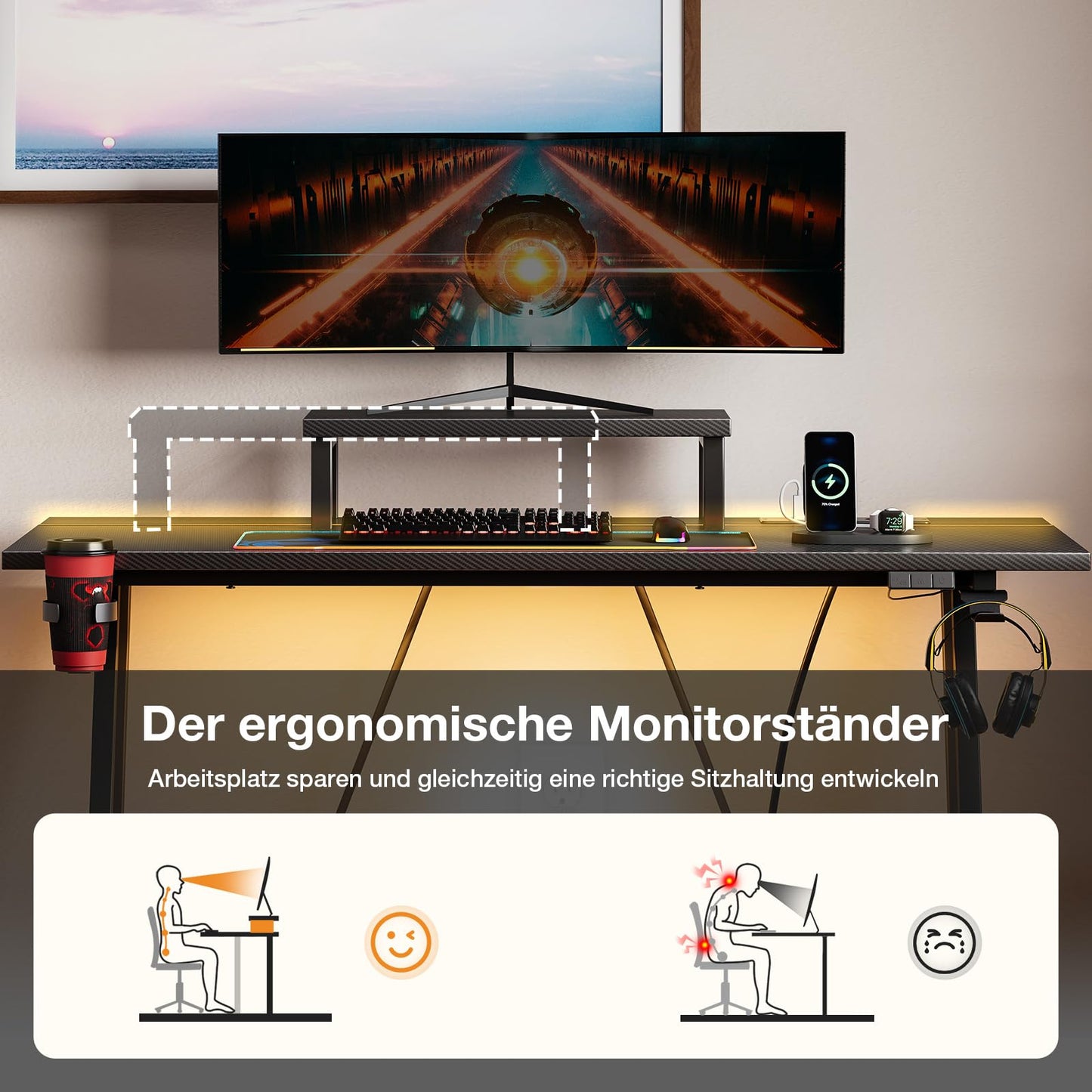 ODK Gaming Tisch mit LED & Steckdose, Gaming Schreibtisch mit Becherhalter und Kopfhörerhaken, Doppel-Z-Rahmen-Design Kleiner Computertisch, Carbon Fiber Schwarz PC Tisch 120 cm