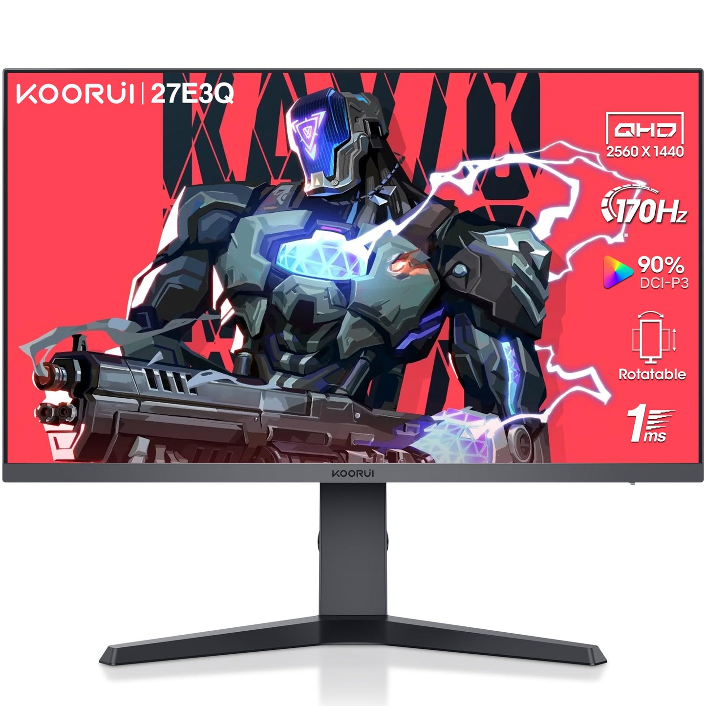 KOORUI Gaming Monitor 27 Zoll, 170Hz, IPS, 2K QHD(2560 x 1440p), HDR 400, 1ms, Adaptive Sync, DisplayPort, HDMI, 100% sRGB, Höhenverstellbar, Augenpflege, VESA 75x75