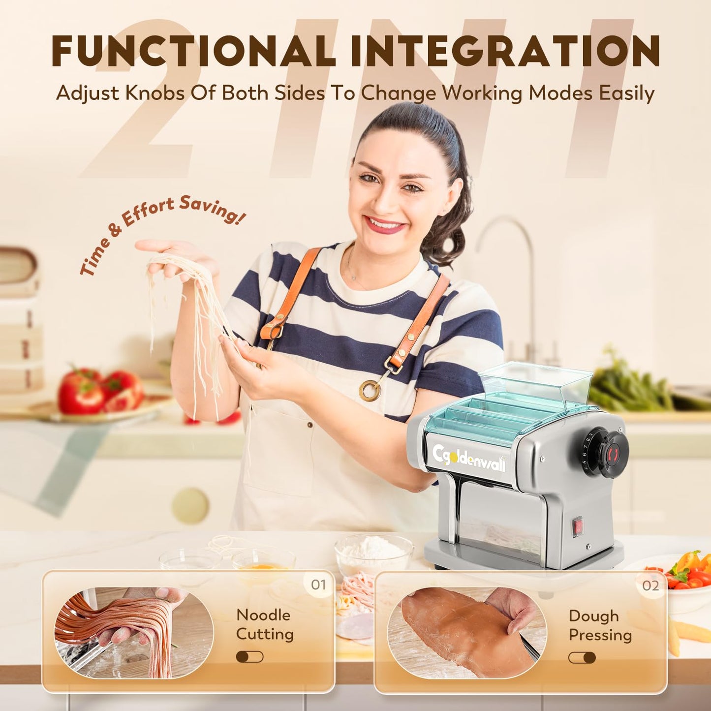 CGOLDENWALL Electric Pasta Machine Household Fresh Pasta Dough Machine Made of Stainless Steel with 2.5 mm Round and 4 mm Flat Blades, 9 Thickness Settings for Pasta/Spaghetti/Lasagna/Ravioli