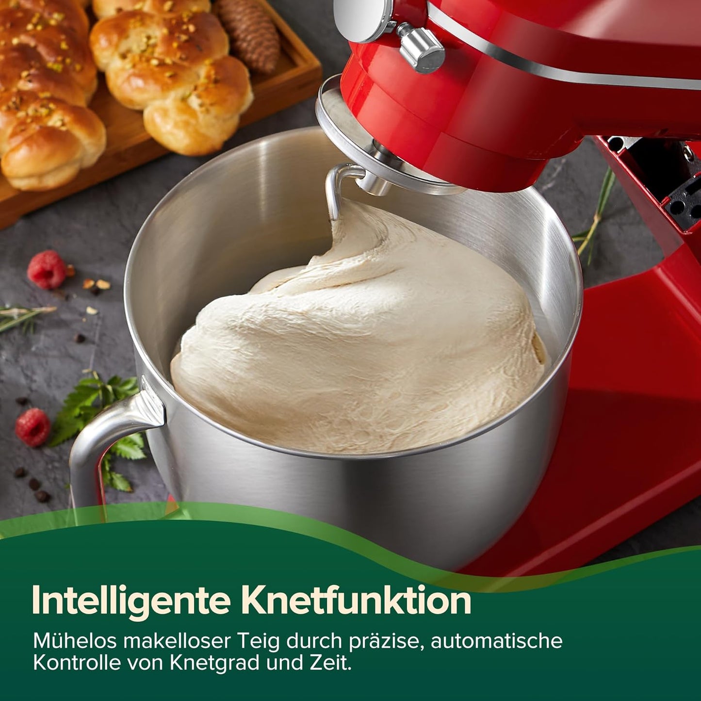 Chefree Knetmaschine Profi Küchenmaschine,7L Schüssel mit 3 Rührwerkzeuge, 1800W,LED-Touchscreen,10 Stufen,Knethaken Rühr- & Schneebesen,Planetenrührwerk,Rot,M500