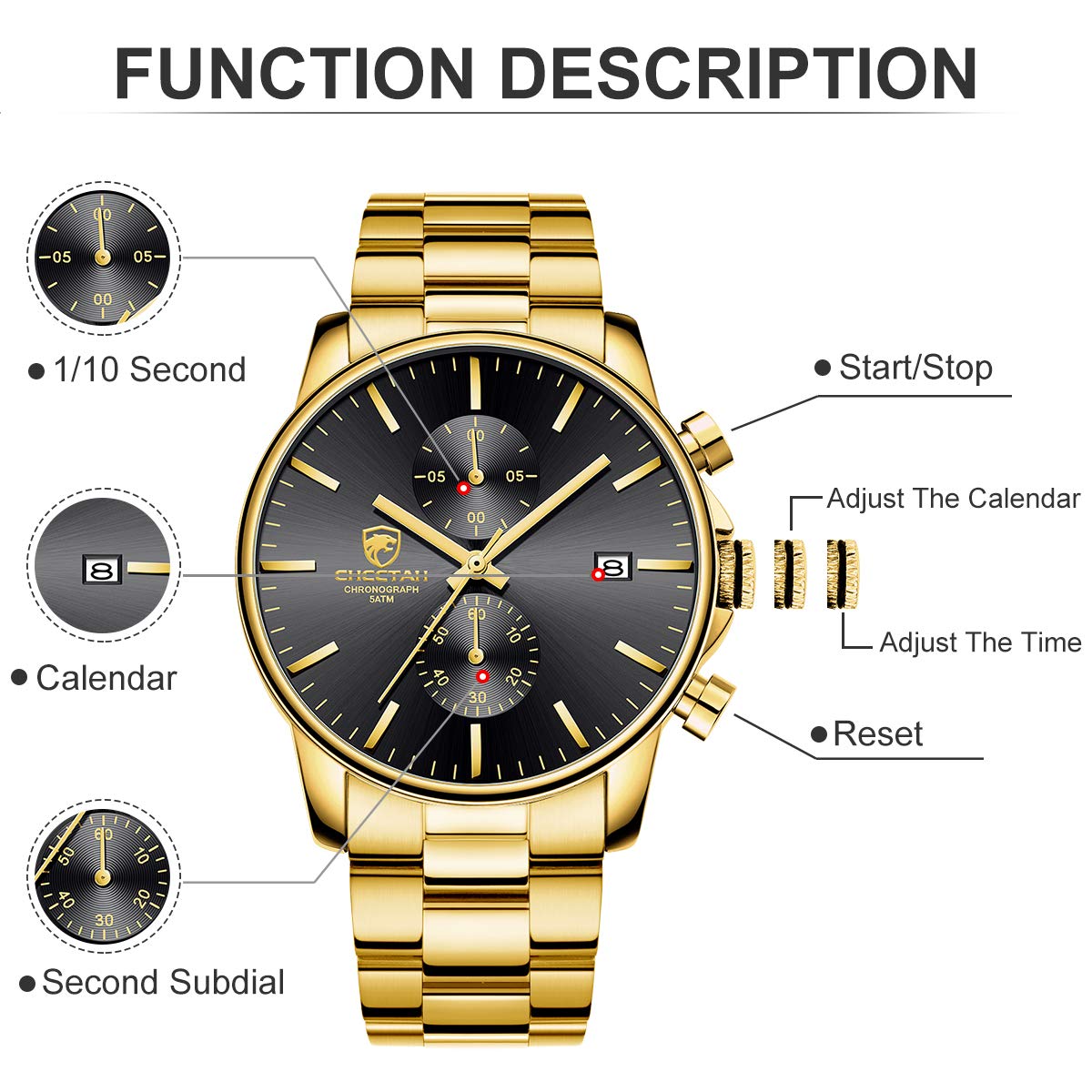 Herrenuhren mit lässiger wasserdichter Chronographen Quarzuhr aus Edelstahl und Metall, Auto Date in farbenfrohen Zeigern