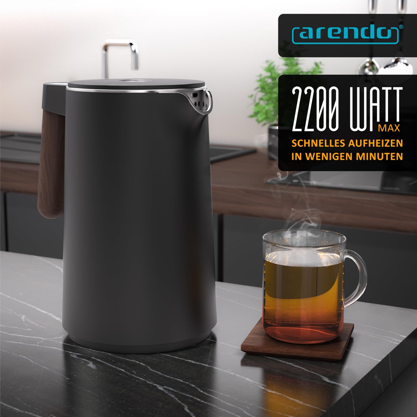 Arendo - Stainless Steel Kettle with Temperature Setting - 45°C-100°C - 1.5 Litre - Double Wall - BPA Free - Keep Warm Function - Tea Maker with Temperature Indicator - Cool Touch Handle - Black