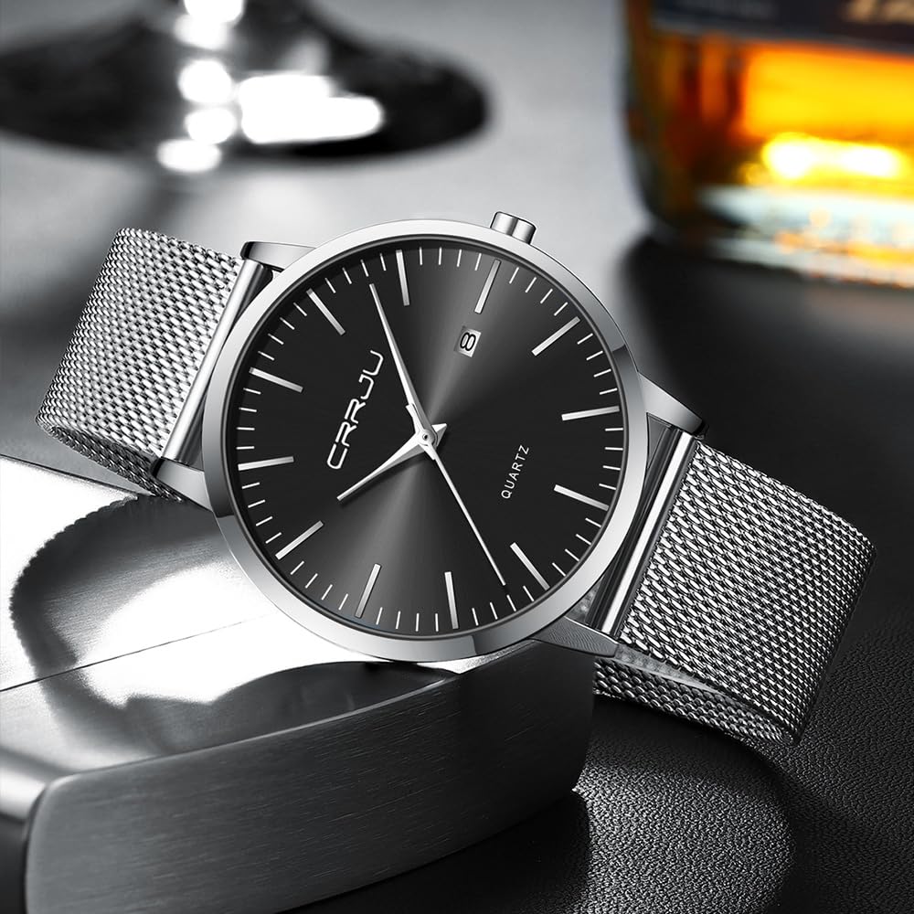 CRRJU Herren Uhr Ultra Dünne Wasserdicht Armbanduhr Herren Mode mit Schwarz Edelstahlband Mesh Analog Quarz Business Männer Uhren