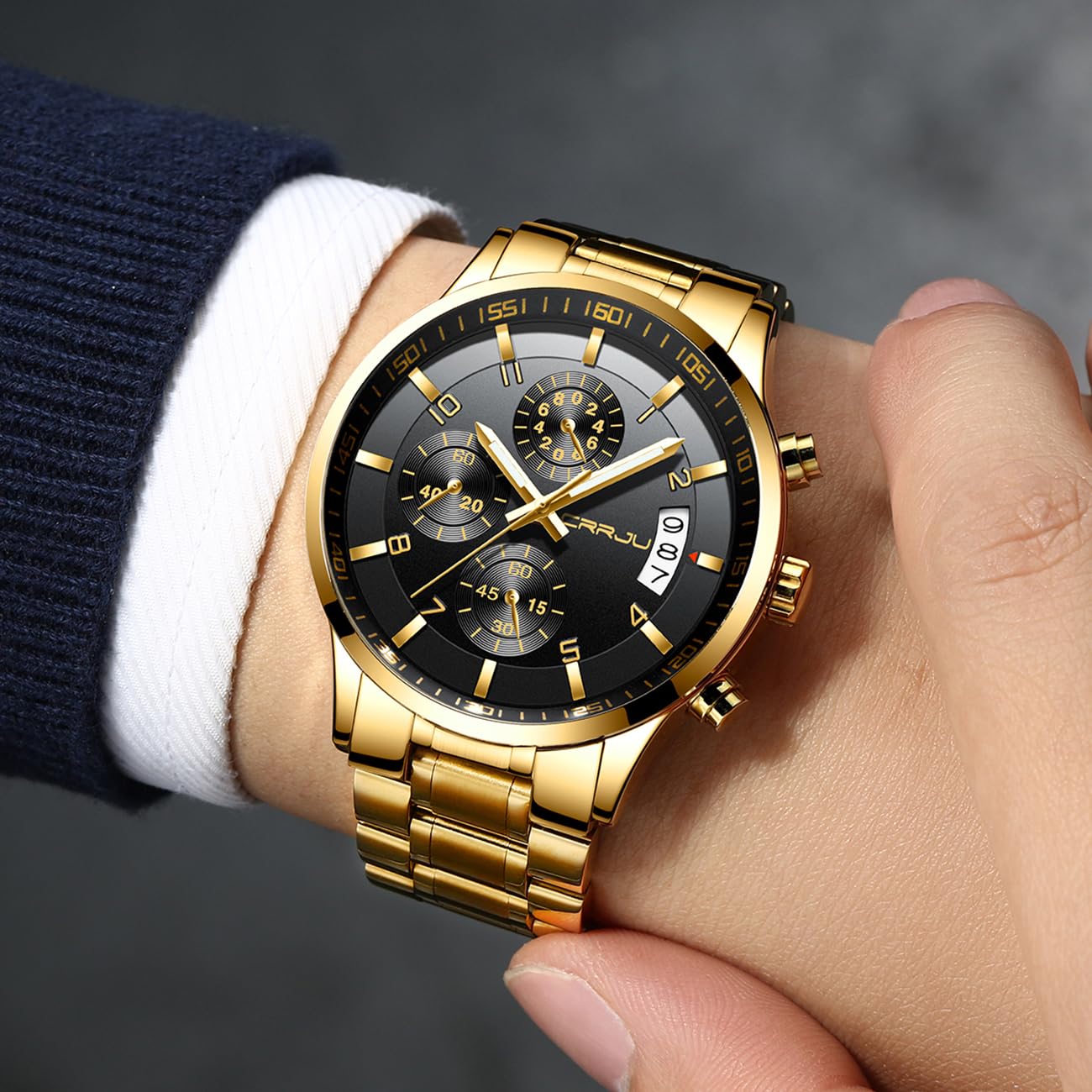 CRRJU Herren Uhr Business Edelstahl wasserdichte Chronographen mit Kalender Armbanduhr Edelstahlband Stoppuhr Analog Quarzuhr