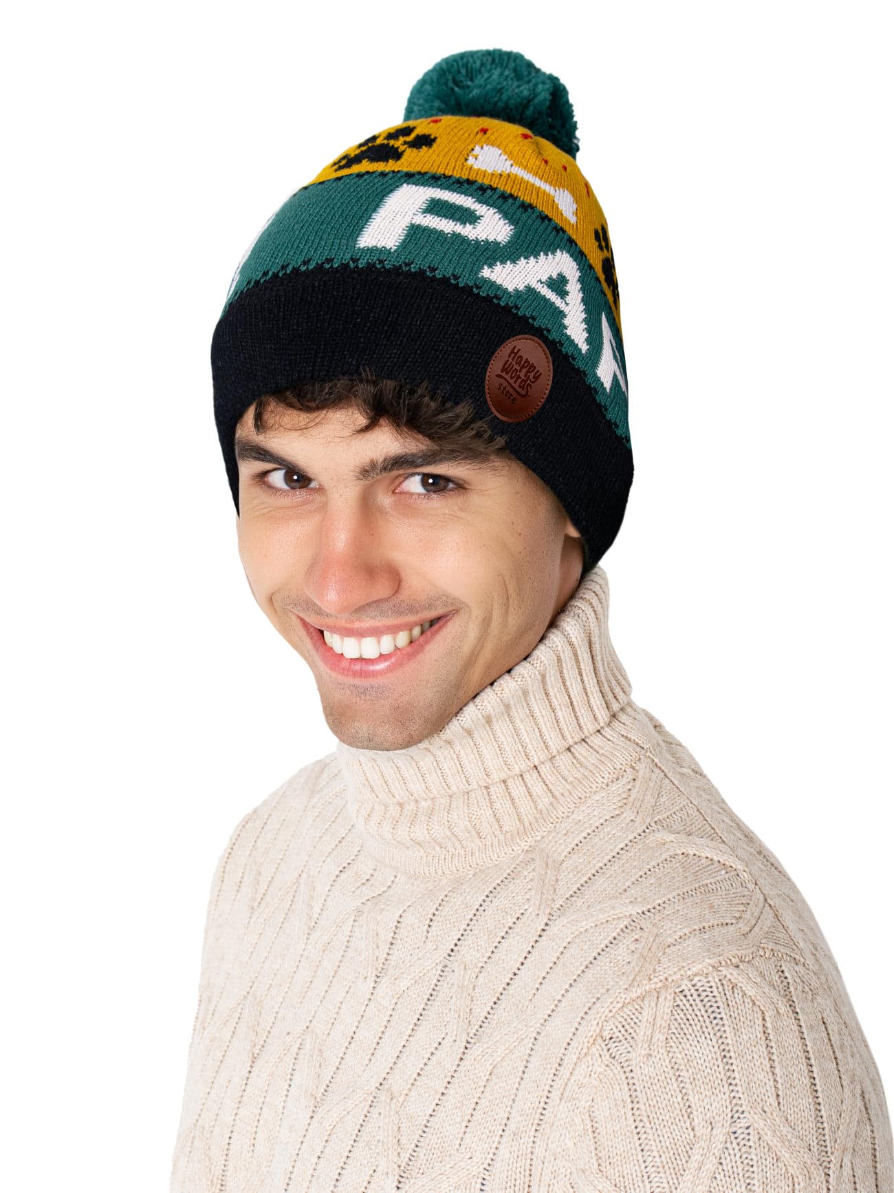 Happy Words Hats, Hats & Caps for Men and Women - Men's Hat with Bobble - Warm Winter Hat with Colourful Pattern - Knitted Hat Made of Acrylic Fabric - Gifts for Women and Men