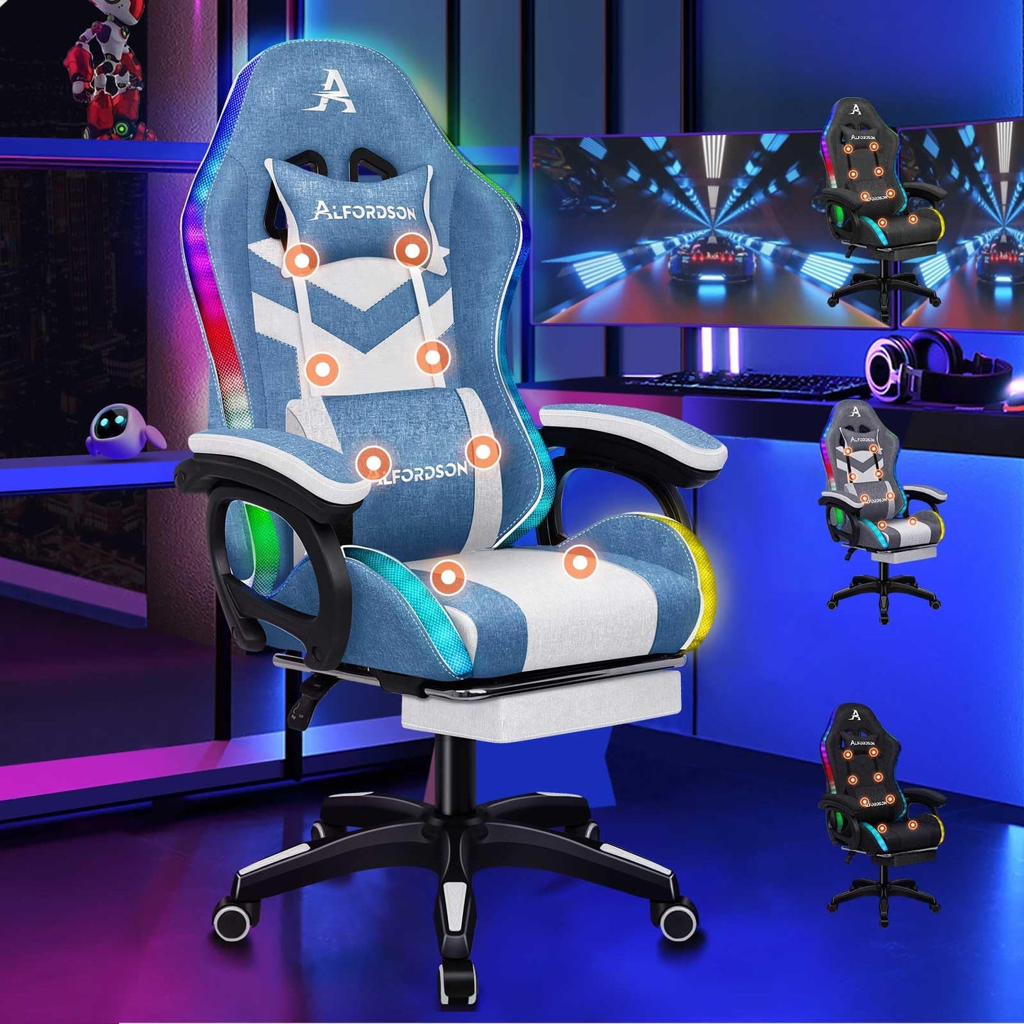 ALFORDSON Gaming Stuhl mit 8-Punkt Massage 12 Farben RGB LED-Licht, Bürostuhl Ergonomisch mit fußstützen, Kopfstütze Lendenkissen für Kinder Erwachsene, Schwarz