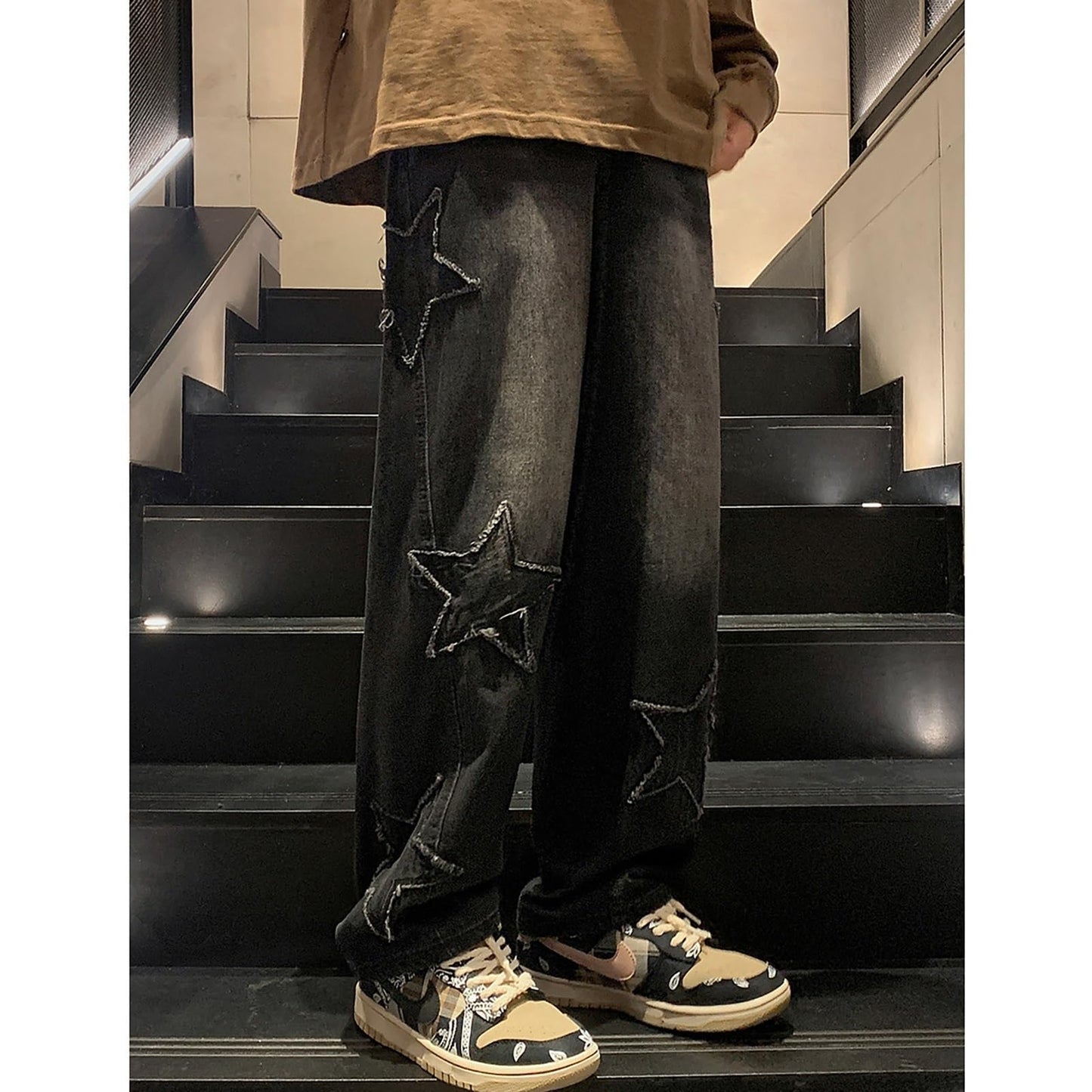 Y2K Vintage Effect Baggy Jeans for Men with Cross Print
