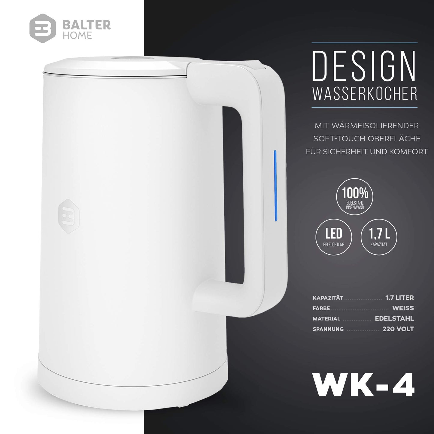 Balter Wasserkocher Edelstahl WK-4, 1,7 Liter, elektrischer Wasserkocher, Doppelwand Design, BPA frei, LED, Teekocher Kompakt, leise (Schwarz)