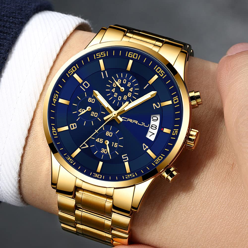 CRRJU Herren Uhr Business Edelstahl wasserdichte Chronographen mit Kalender Armbanduhr Edelstahlband Stoppuhr Analog Quarzuhr