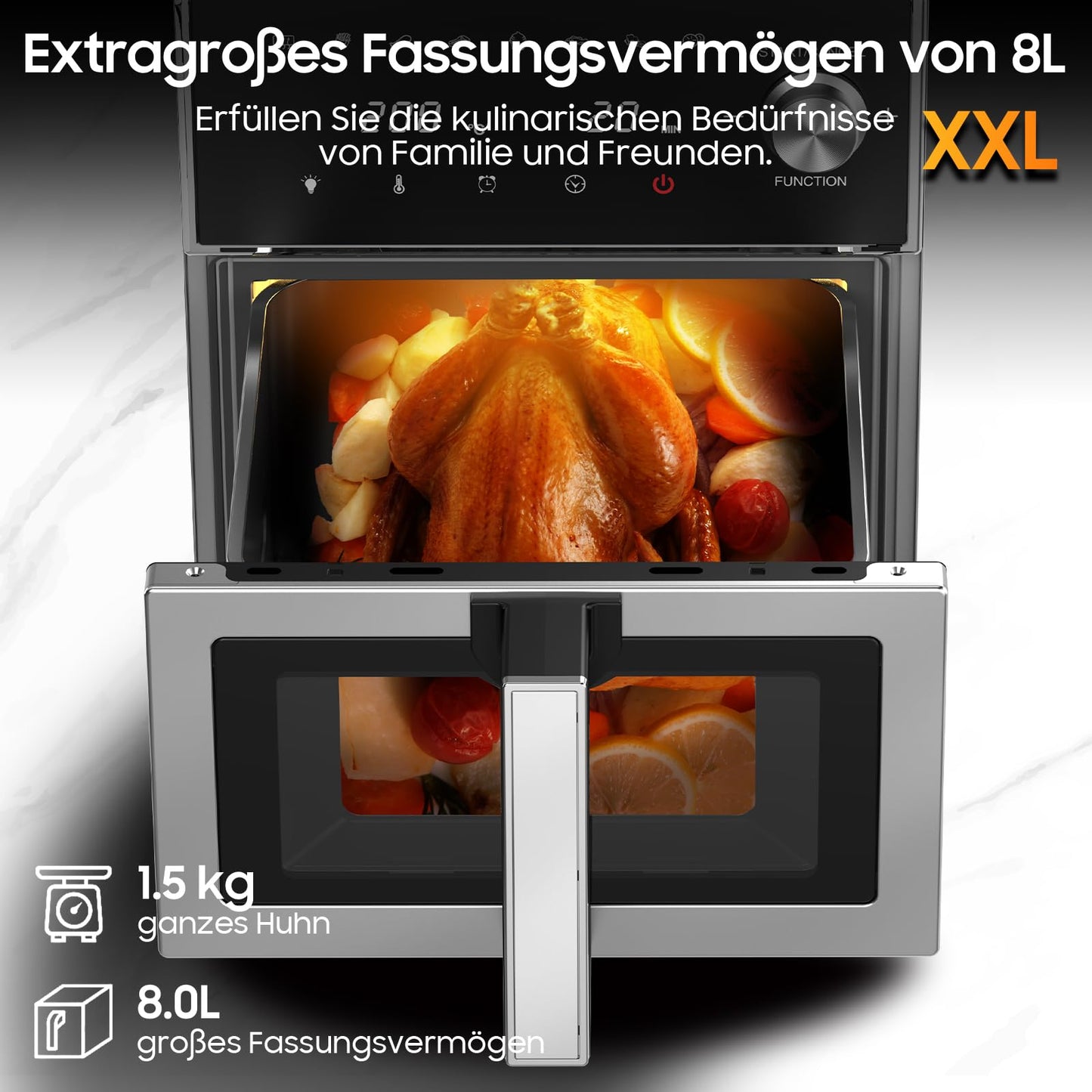 iceagle Heißluftfritteuse 6,5 L Airfryer XL - Fritteuse Ohne Fett mit Metallinnenraum | 1700W Heissluftfriteuse mit 8 Kochprogramme, Digitalem Display, mit deutschem Rezeptbuch