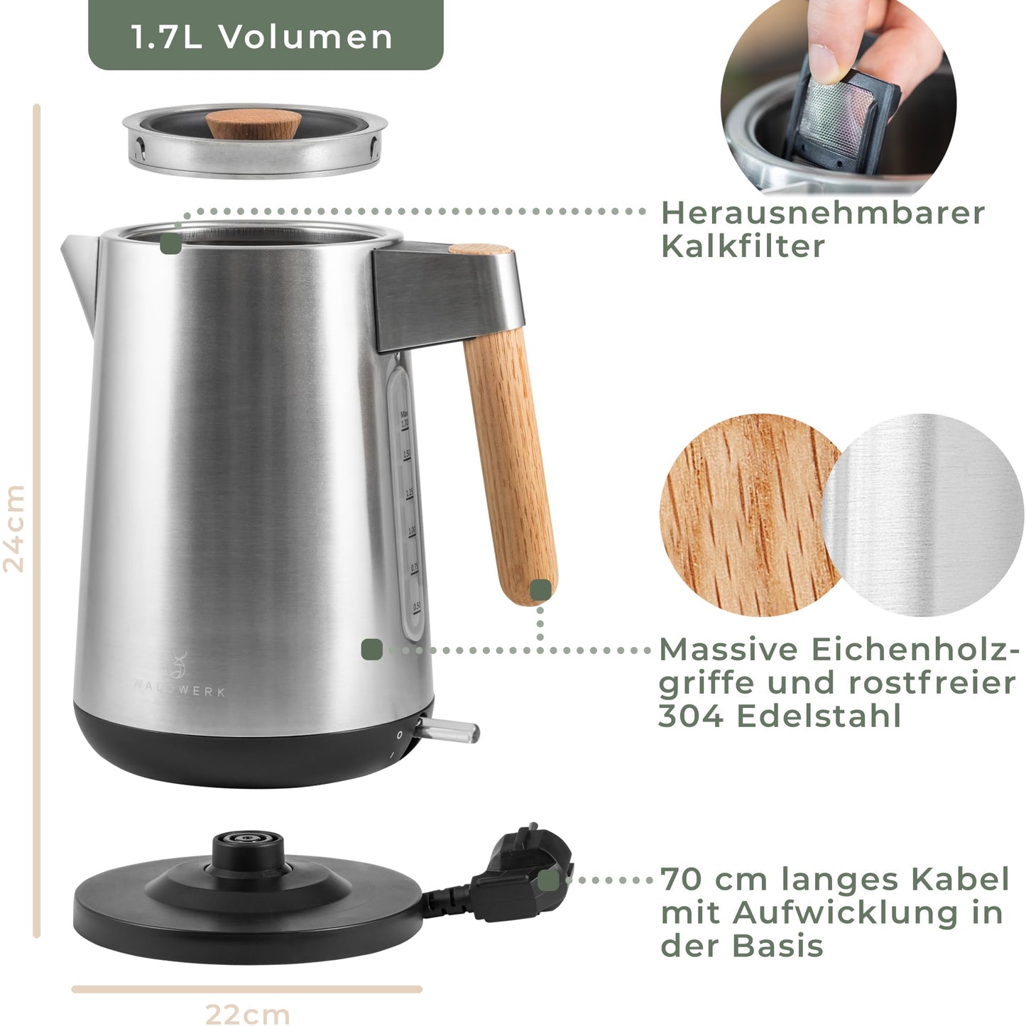 WALDWERK Design Toaster - Made of 304 Stainless Steel and Oak Wood - for 2 Slices - with Bun Attachment - with Extra Wide and Deep Toast Chambers - with Crumb Drawer