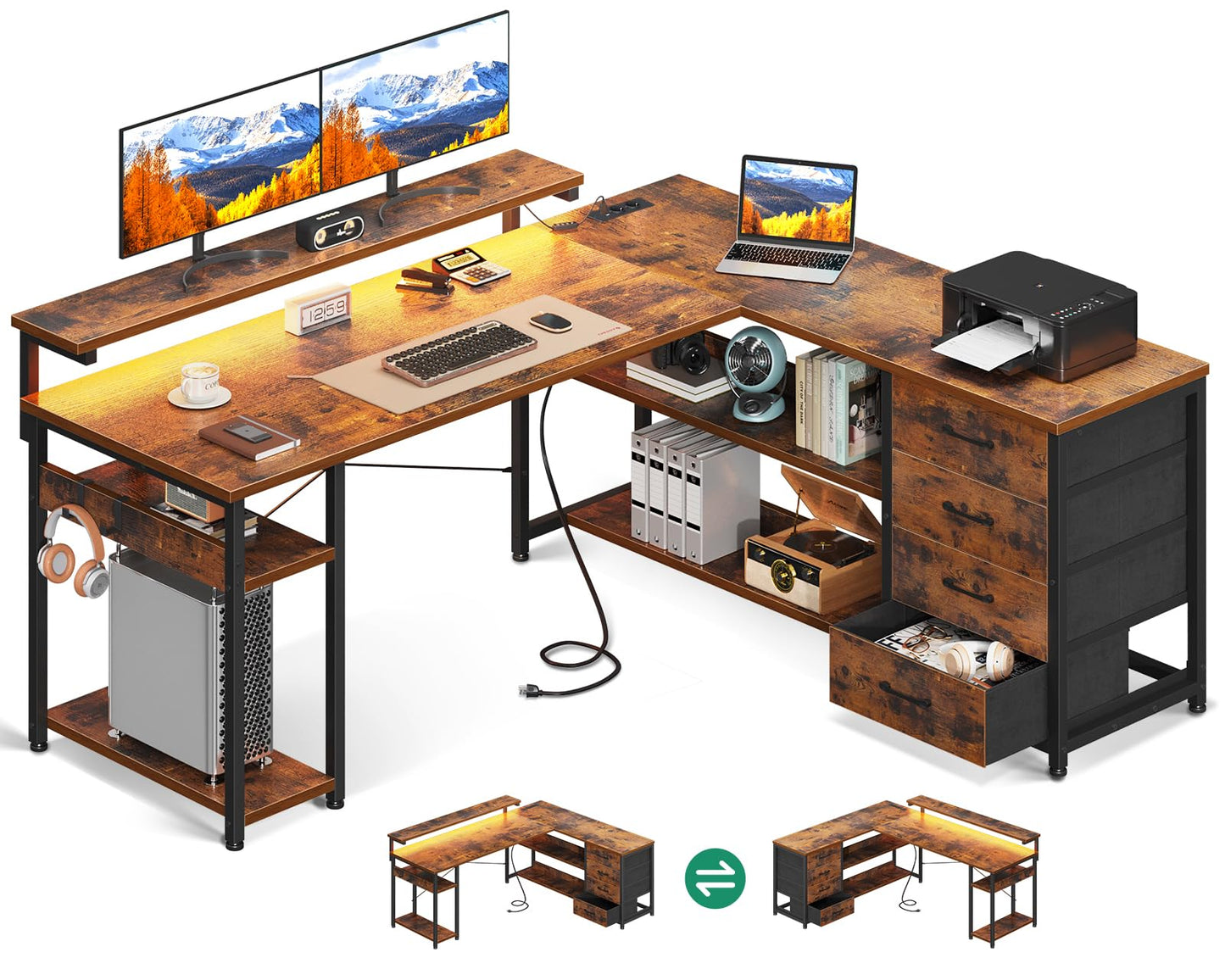 ODK Schreibtisch mit Schubladen, Reversible Eckschreibtisch mit 2 Steckdosen und 2 USB Ladeanschluss, Bürotisch L Form mit LED für Home Office 135×110cm (Schwarz)