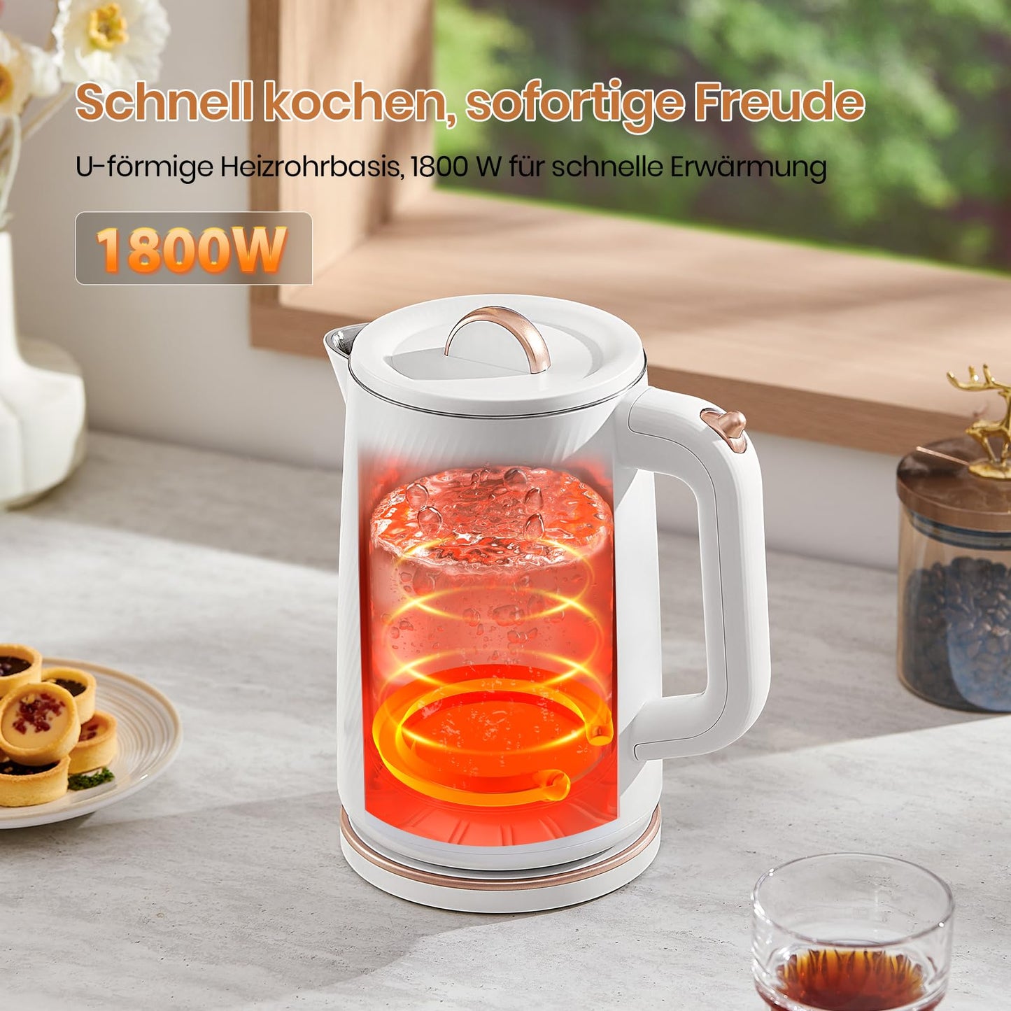 OLEGA Wasserkocher - 1800W Schnellaufheizender Elektrischer Teekessel BPA-freier 304 Edelstahl Elektrischer Wasserkocher mit Automatischer Abschaltung und Trockengehschutz Perfekt für die Familie 1.8L