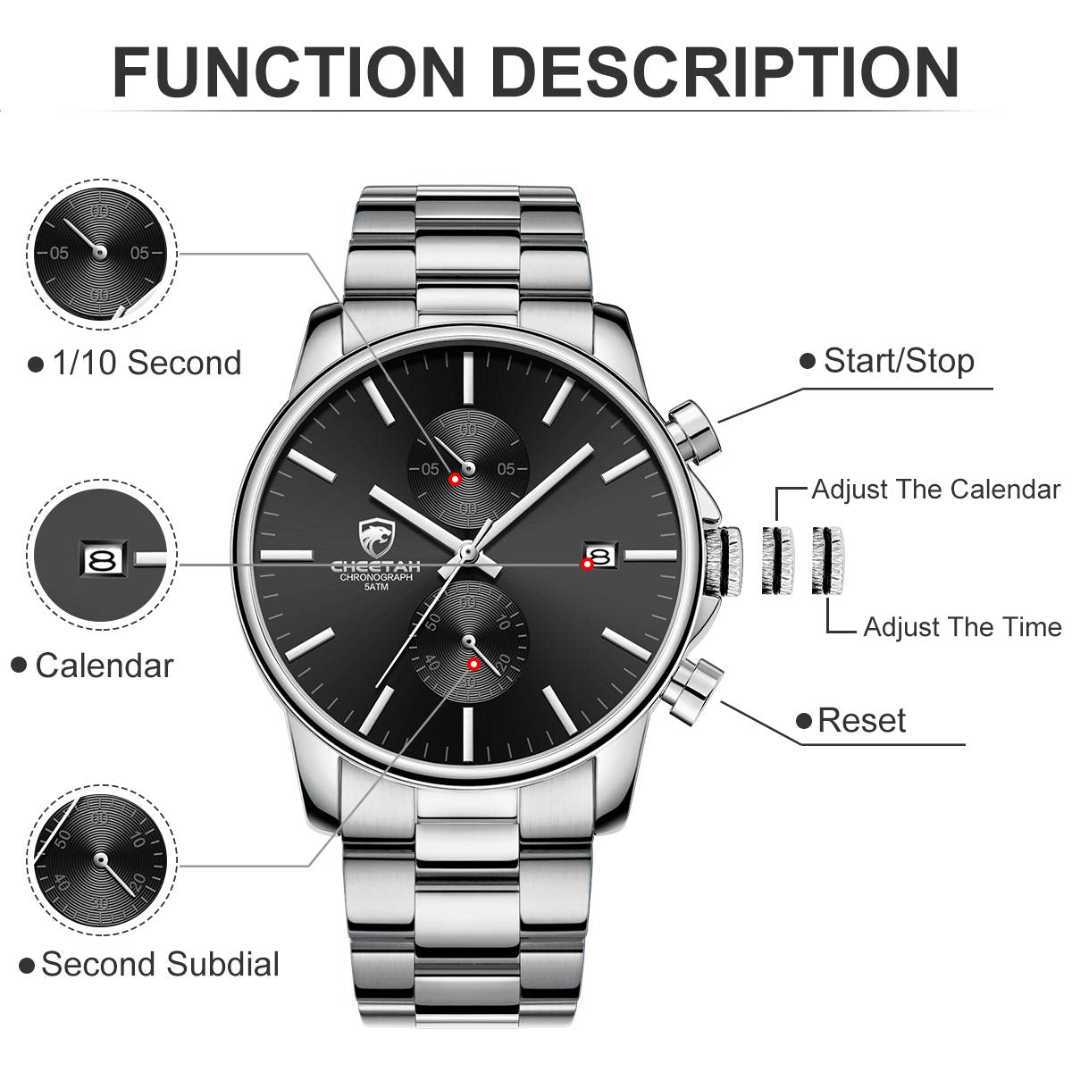 Herrenuhren mit lässiger wasserdichter Chronographen Quarzuhr aus Edelstahl und Metall, Auto Date in farbenfrohen Zeigern