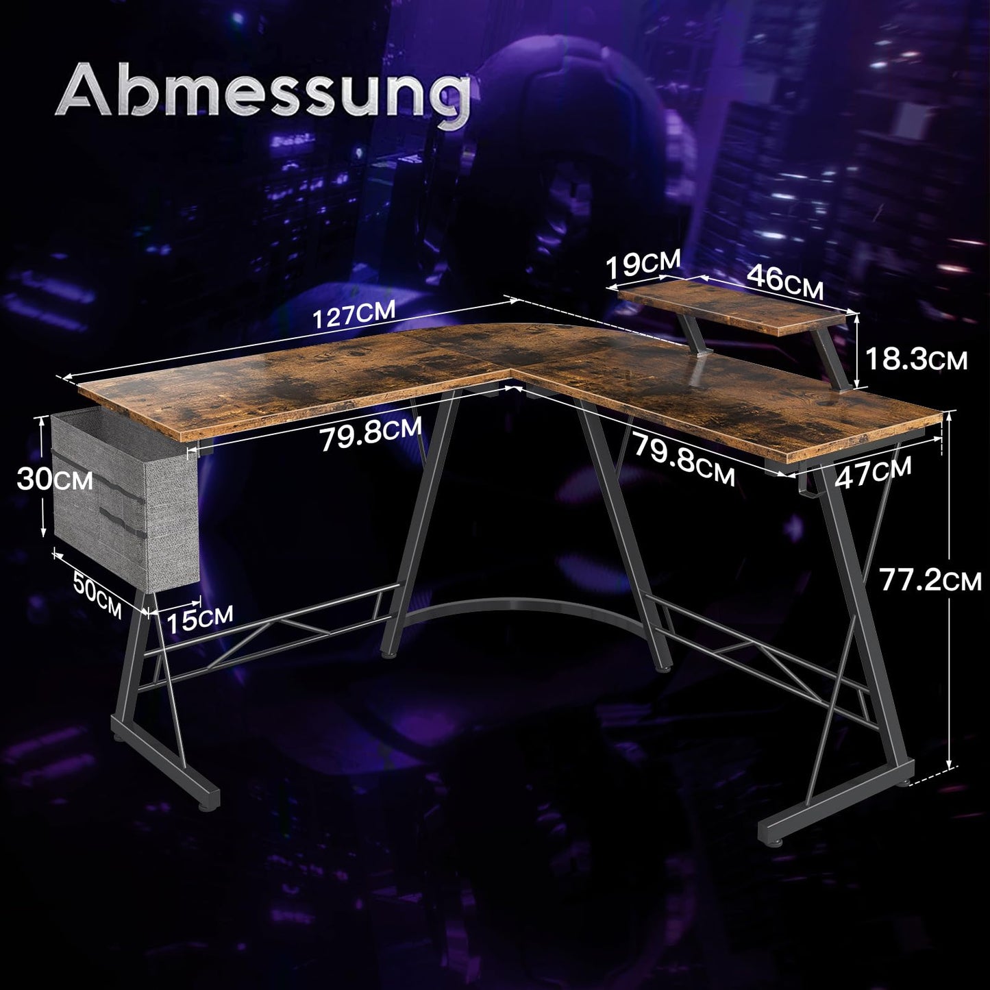 ODK Gaming Tisch, Gaming Schreibtisch Eckschreibtisch für Gamer, Schreibtisch L Form mit Monitorständer für Büro (Schwarz, 127 x 127 cm)