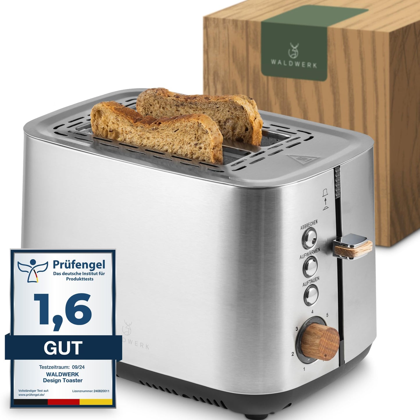 WALDWERK Design Toaster - Made of 304 Stainless Steel and Oak Wood - for 2 Slices - with Bun Attachment - with Extra Wide and Deep Toast Chambers - with Crumb Drawer