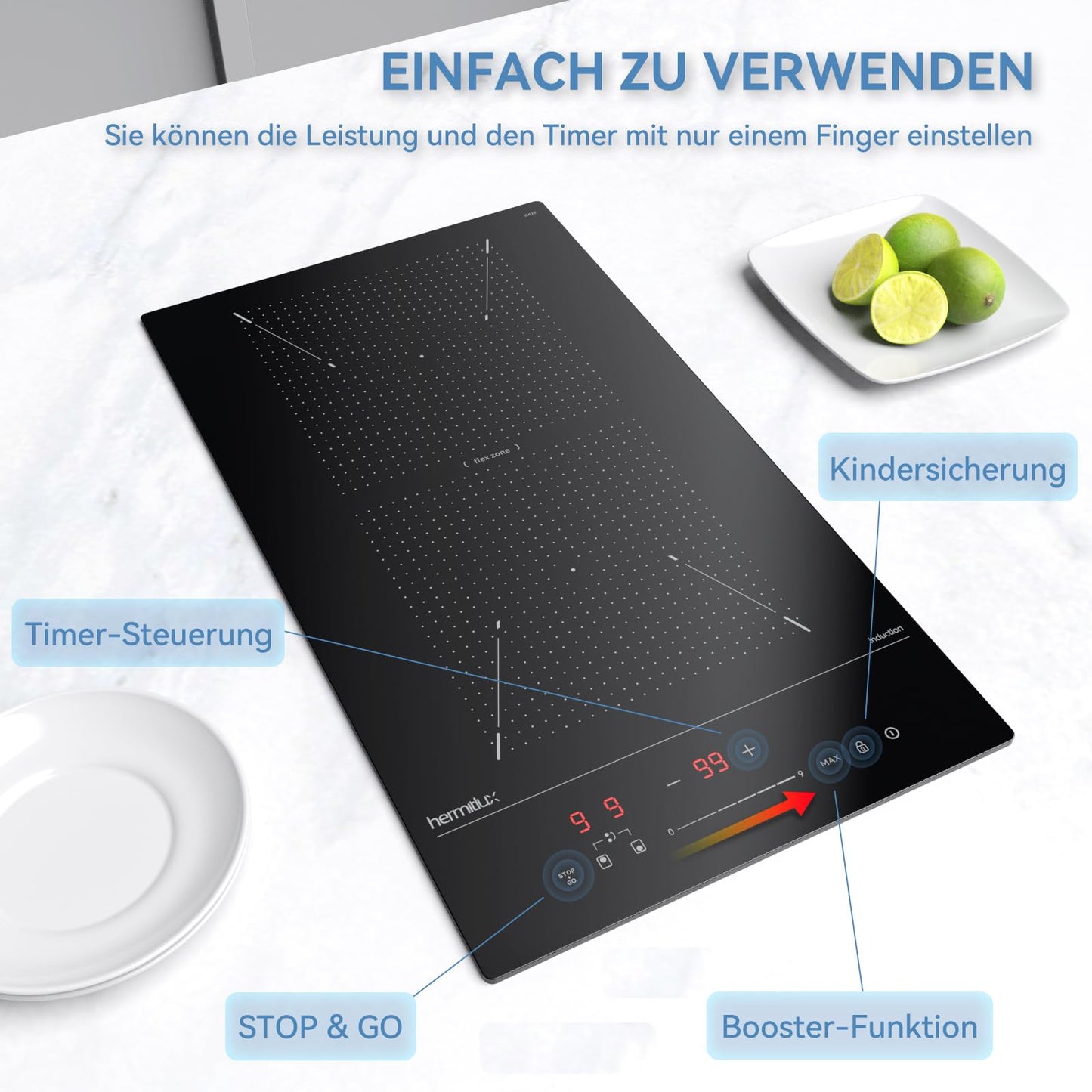 Hermitlux ceramic hob,Built-in 29 cm black glass ceramic electric hob,9 power levels,Sensor touch control, child lock, 1-99 minute timer,Suitable for all pots and pans