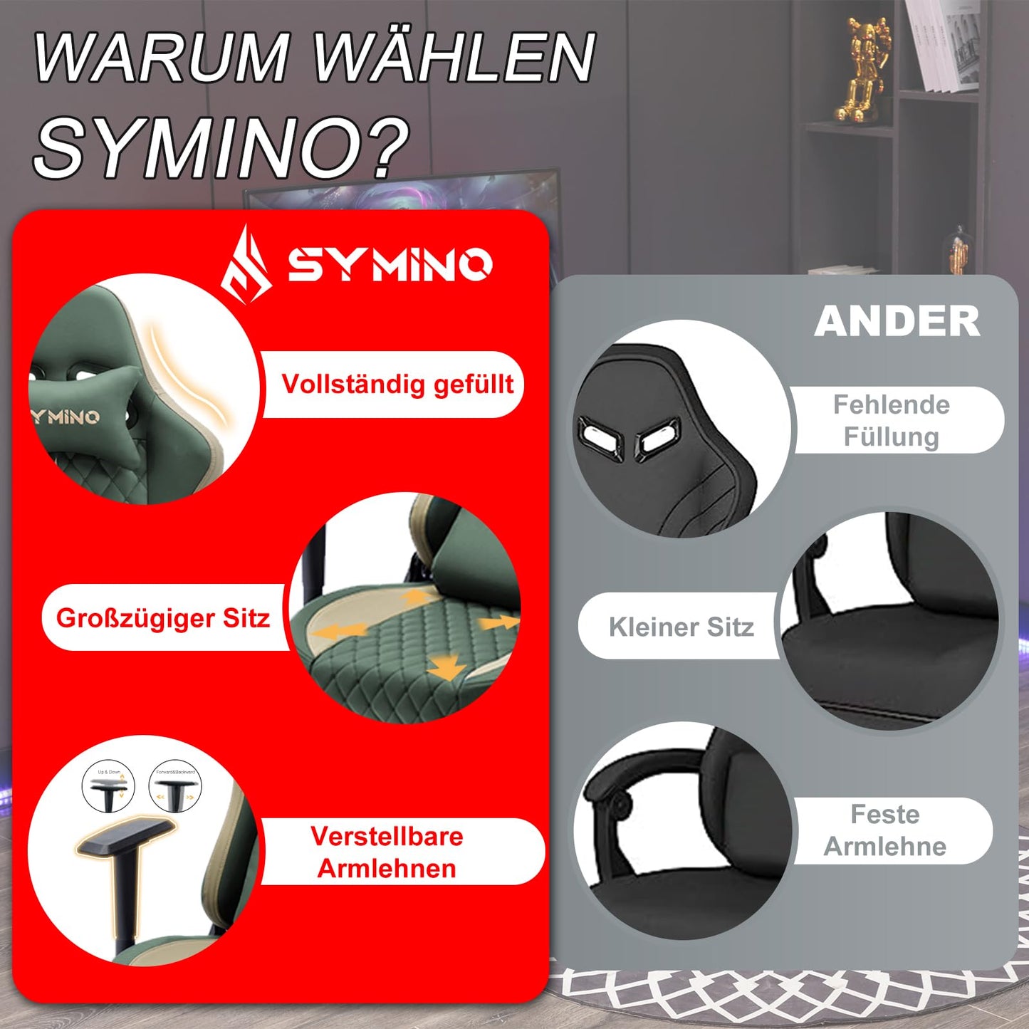 symino Gaming Stuhl, Ergonomischer Bürostuhl, Rennstuhl-Design PC Stuhl, Vintage-PU-Leder, Verstellbarer Drehbarer Task Stühle mit Fußstütze (Schwarz)