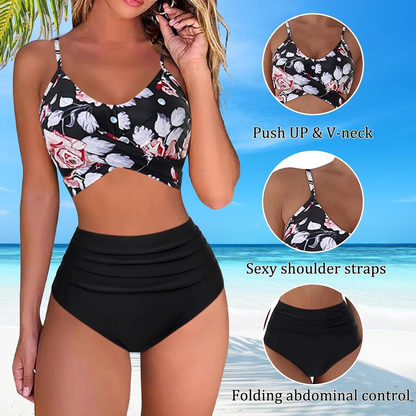 Women's High-Waist Push-Up Bikini Set – Two-Piece Swimwear with Adjustable Straps