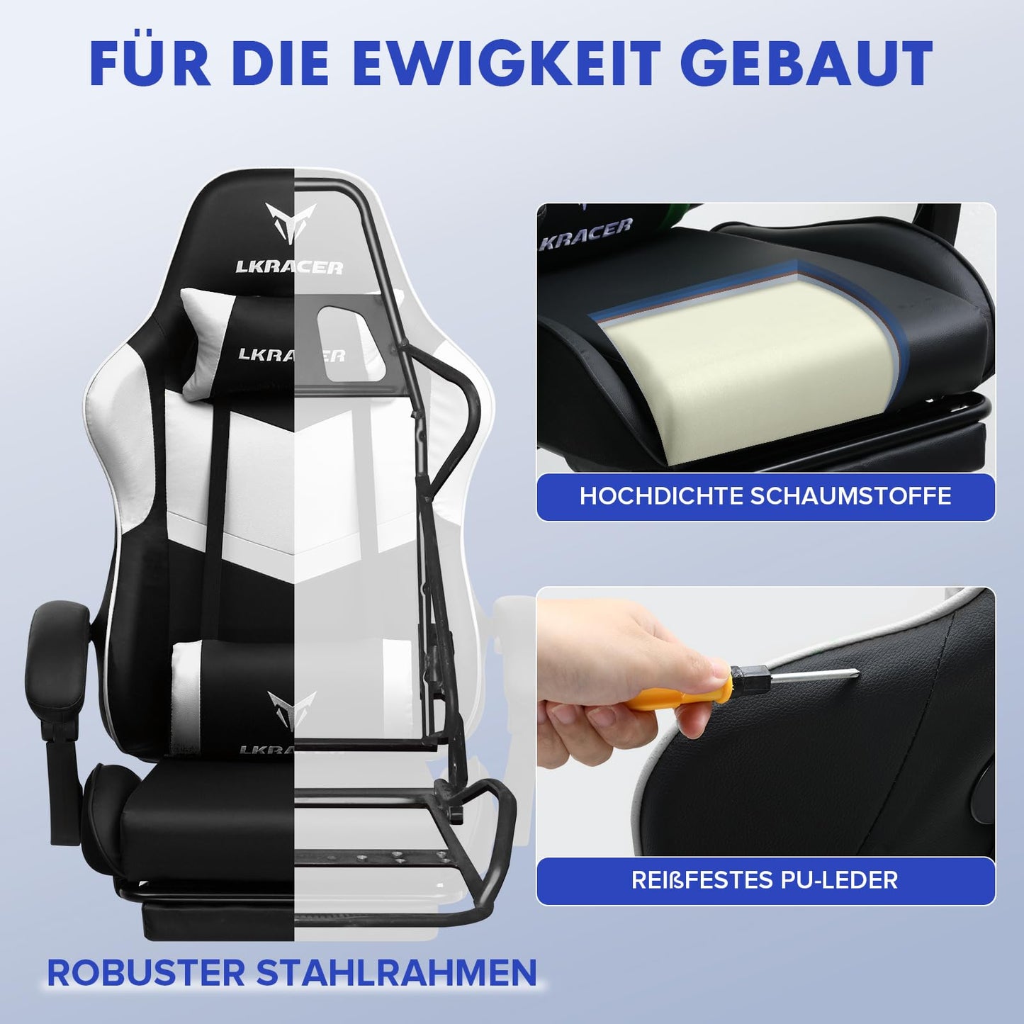 LUCKRACER Gaming Stuhl mit fußstütze Bürostuhl Ergonomisch mit verstellbare Lendenkissen, Kopfkissen Gaming Chair,Höhenverstellbarer Gamer Stuhl, 150 kg Belastbarkeit Grau