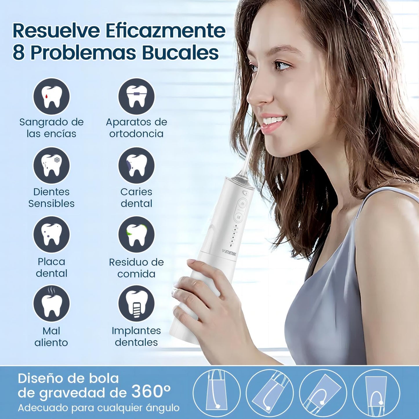 Munddusche Kabellos Elektrischer Zahnreiniger, Vimmk Zahndusche Water Flosser 5 Modi & 8 Düsen USB-C Wiederaufladbare Wasser Flosser IPX7 Wasserdicht, 300ML Wassertank Mund Reiniger(Schwarz)