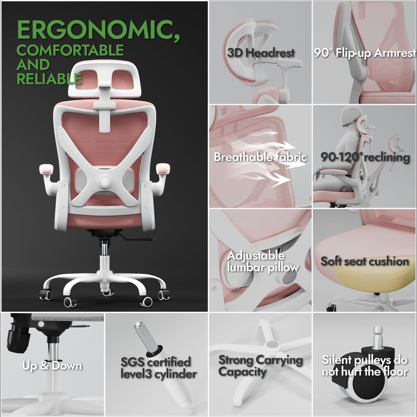 TRALT Ergonomischer Bürostuhl - X-förmiger bequemer Computer-Bürostuhl, Gaming-Stuhl, Bürostuhl mit Lendenwirbelstütze, Netz-Bürostuhl mit Kopfstütze (Grau-Silber)