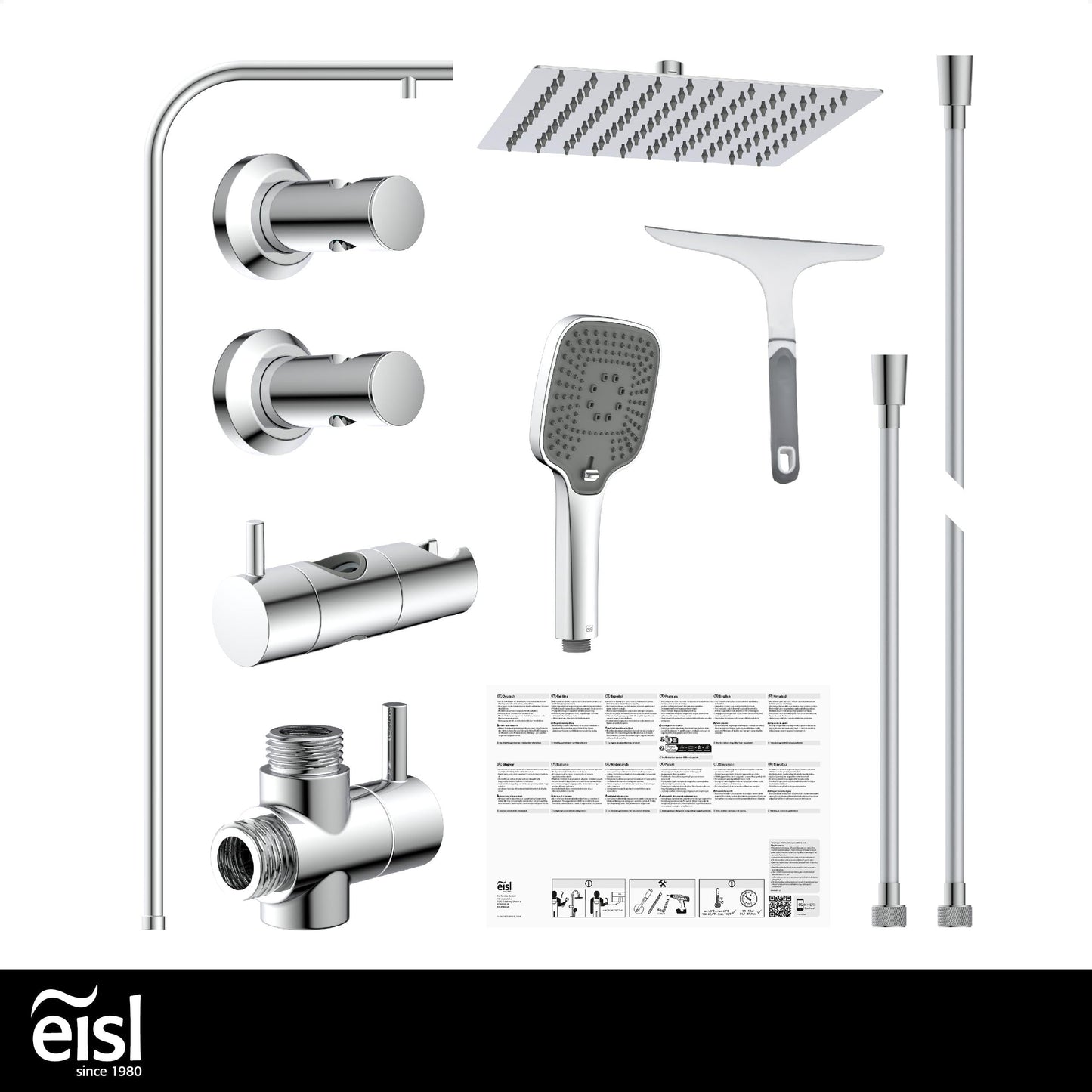 EISL Duschset EASY FRESH, Duschsystem ohne Armatur 2 in 1 mit großer Regendusche (250 x 200 mm) und Handbrause, Regendusche ohne Armatur ideal zum Nachrüsten, komplettes Montageset, Chrom DX12006
